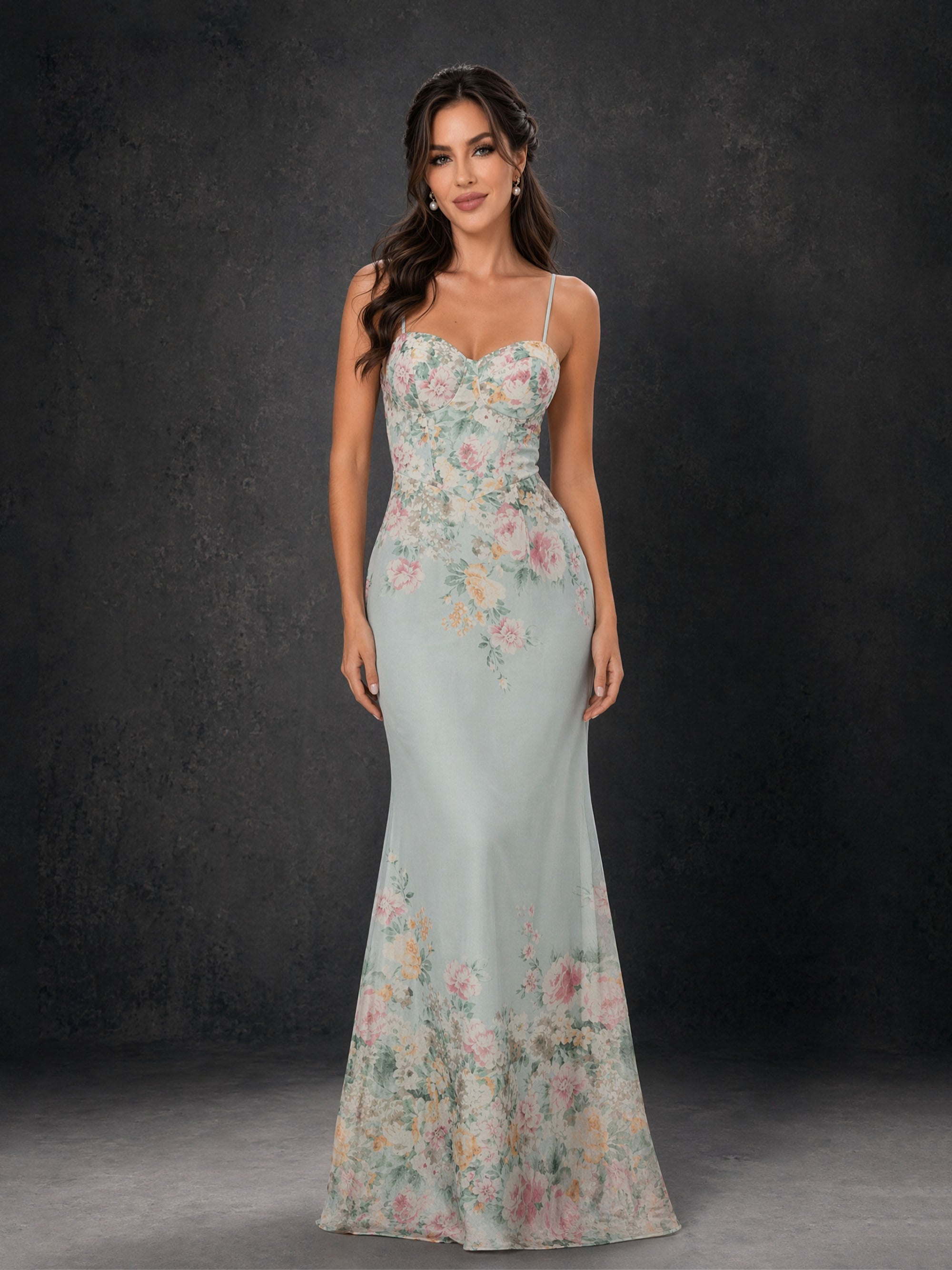 BOLODOO BD0407 mint floral chiffon spaghetti strap dress – close-up of sweetheart corset bodice and delicate floral print detail