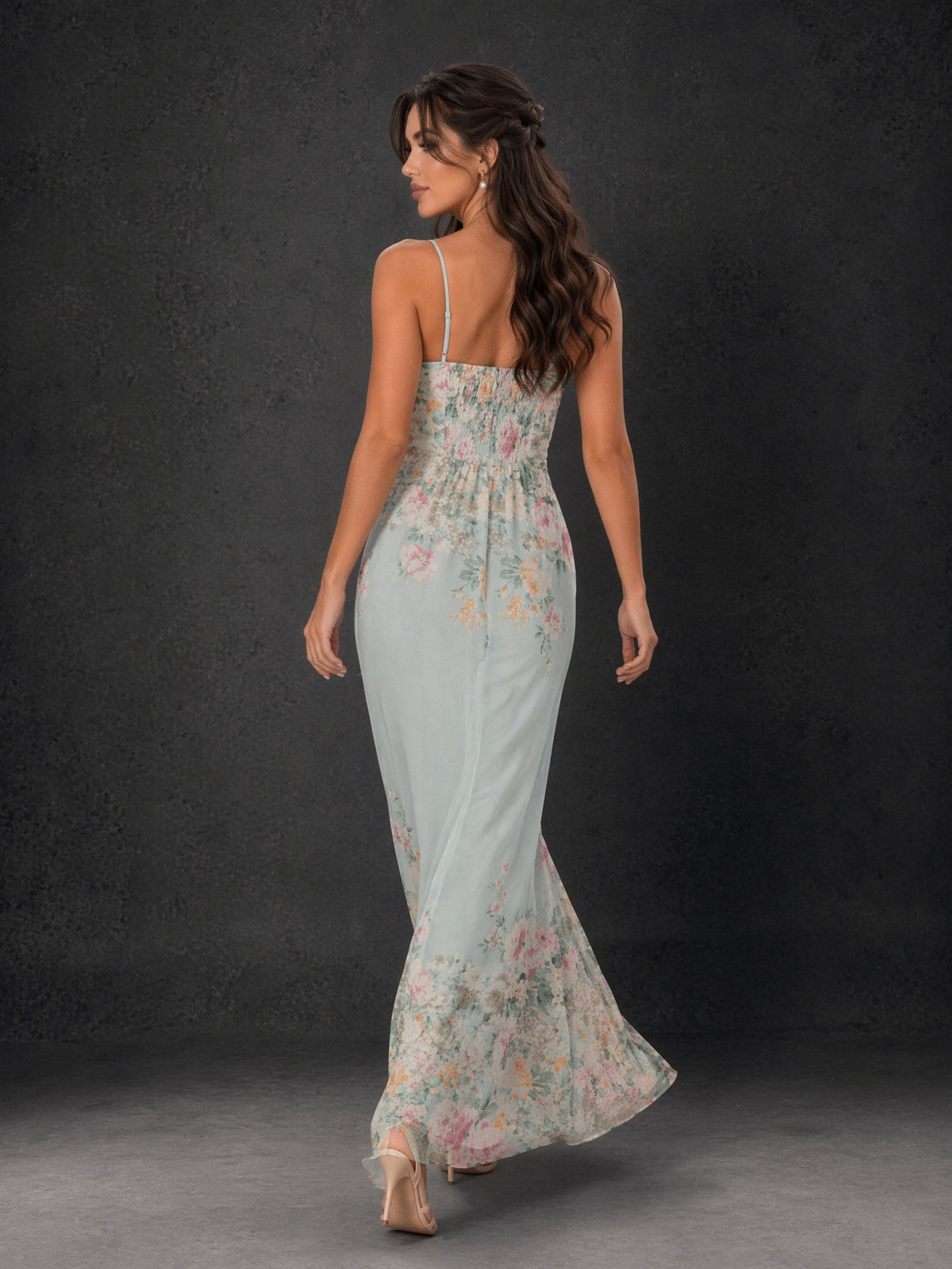 BOLODOO BD0407 mint green floral chiffon mermaid gown – second front view highlighting fitted mermaid silhouette and floral print skirt