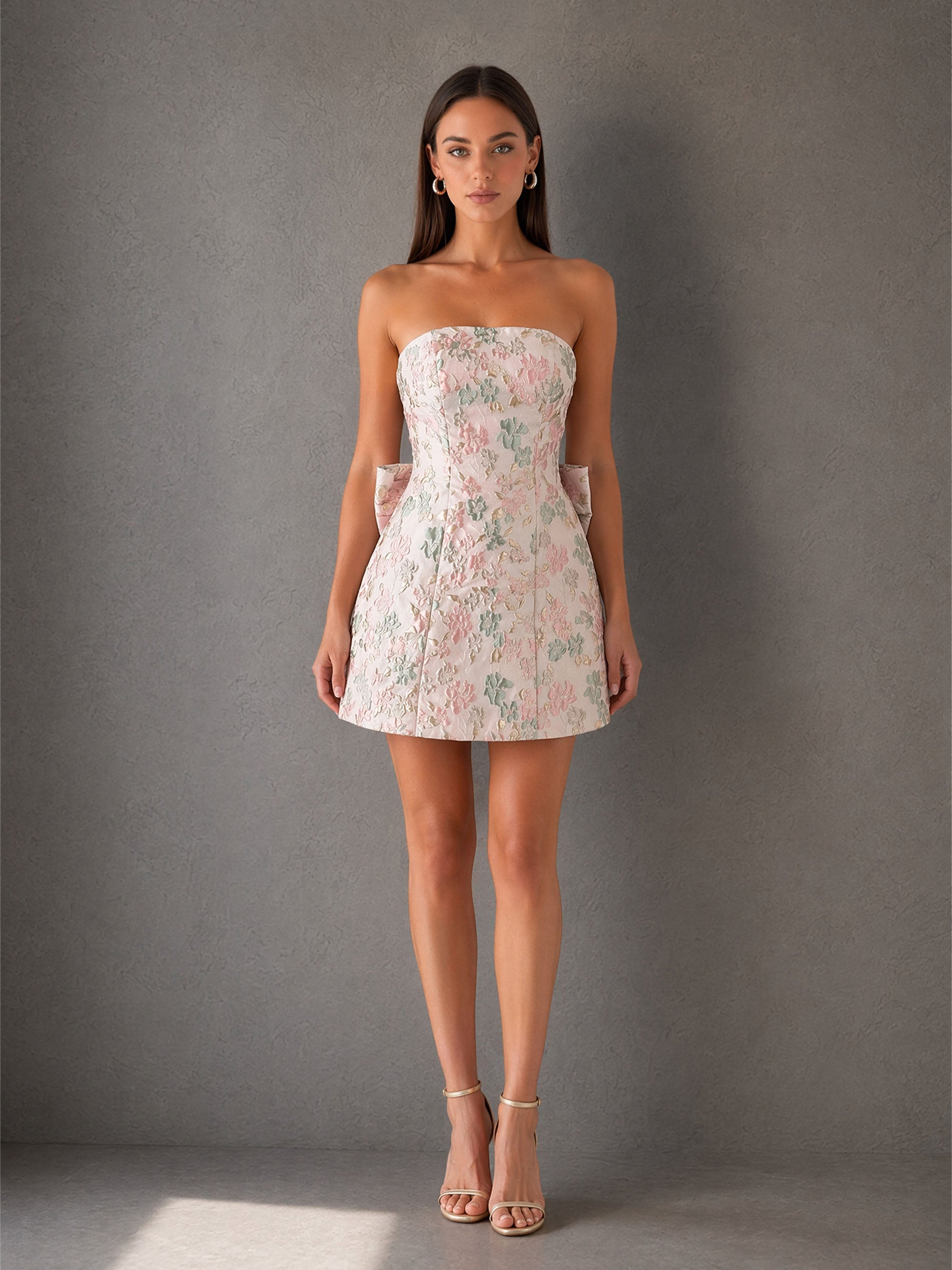 BOLODOO BD0408 ivory floral jacquard strapless mini dress – close-up of structured corset bodice and blush pink sage green floral jacquard detail