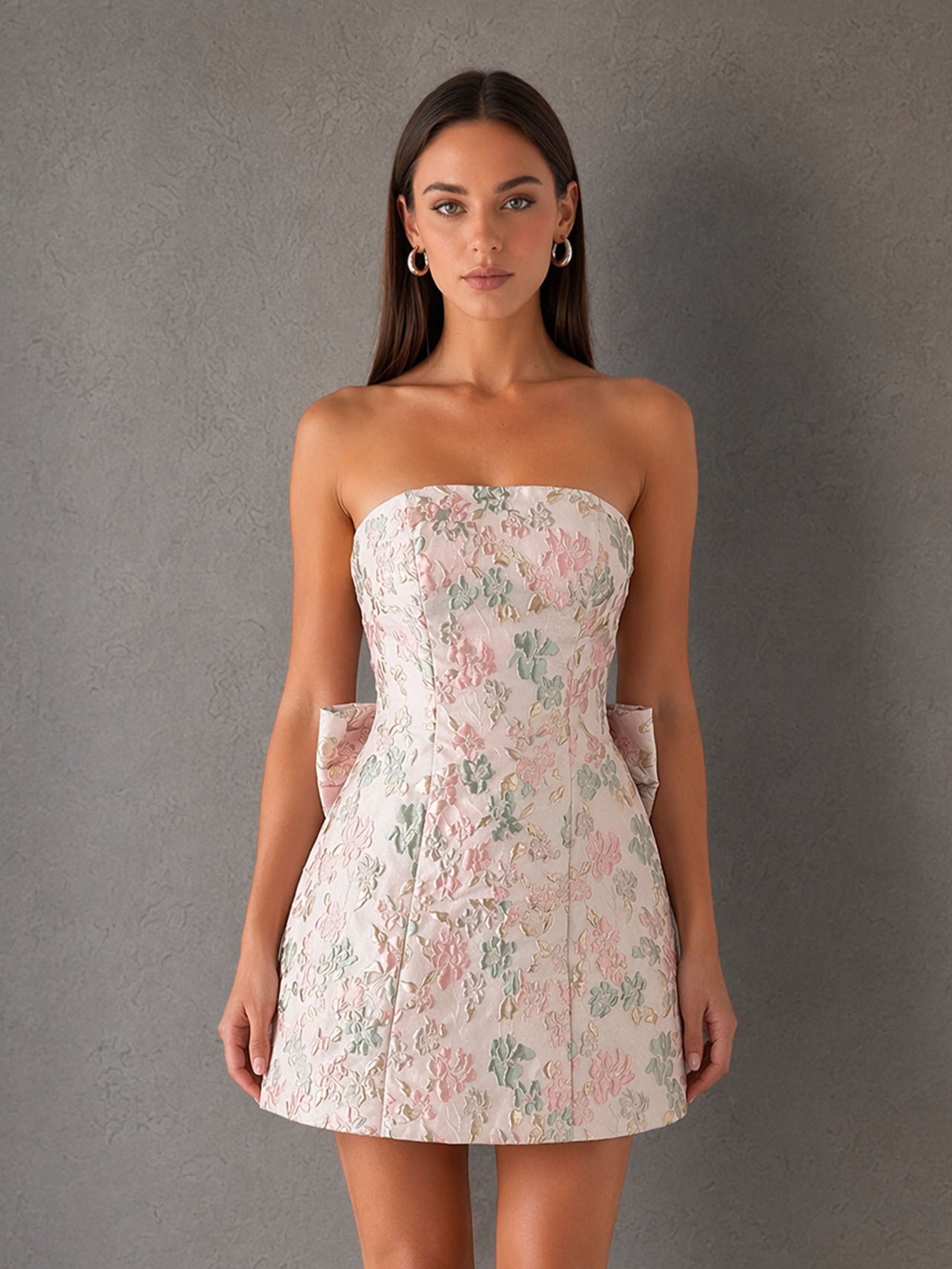 BOLODOO BD0408 ivory floral jacquard strapless bow back mini dress – back view showing oversized statement bow and lace-up corset back closure