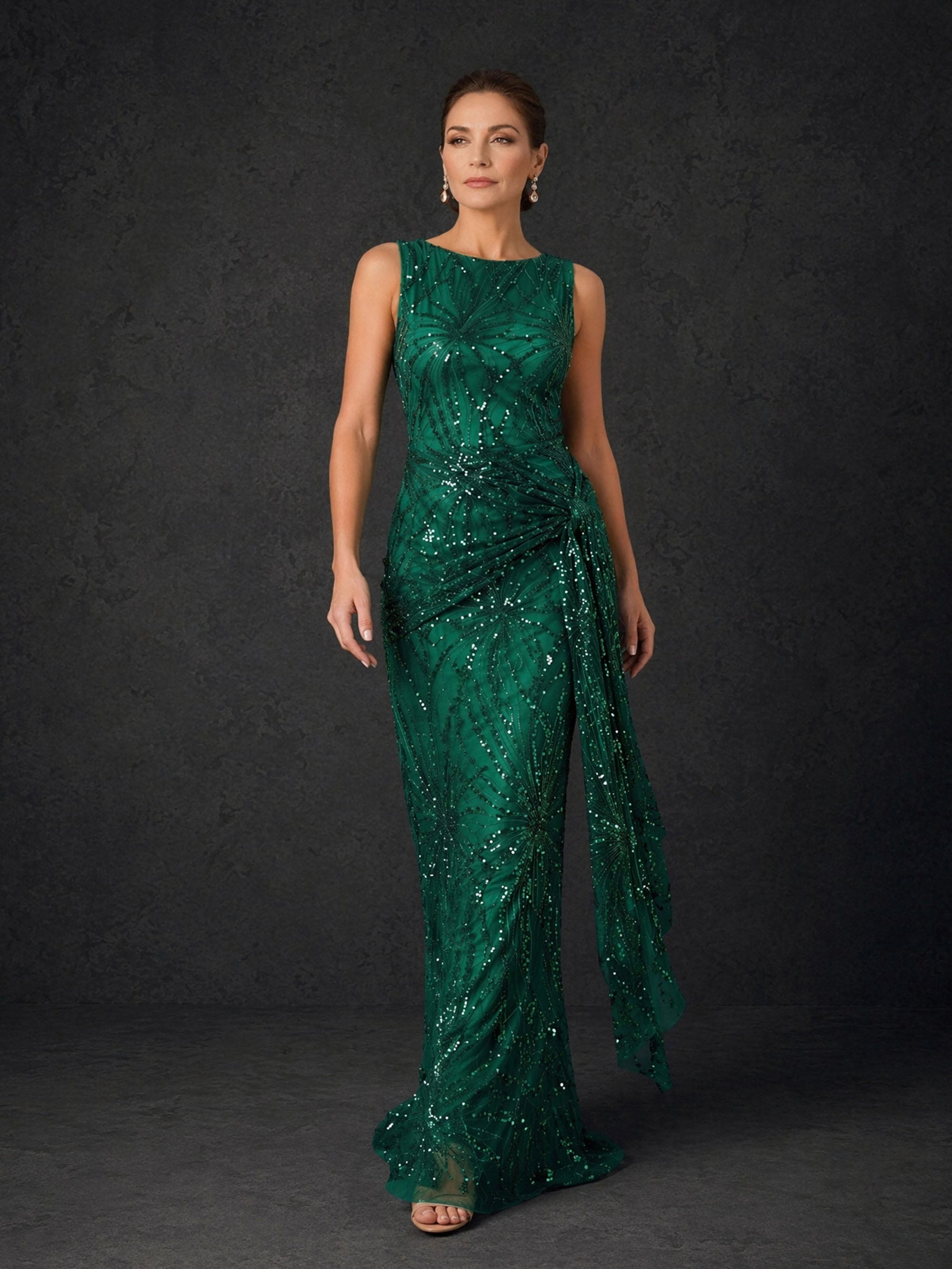 BOLODOO BD0409 emerald green sequin embroidered gown – back view showing low open V-back and floor-length sheath silhouette