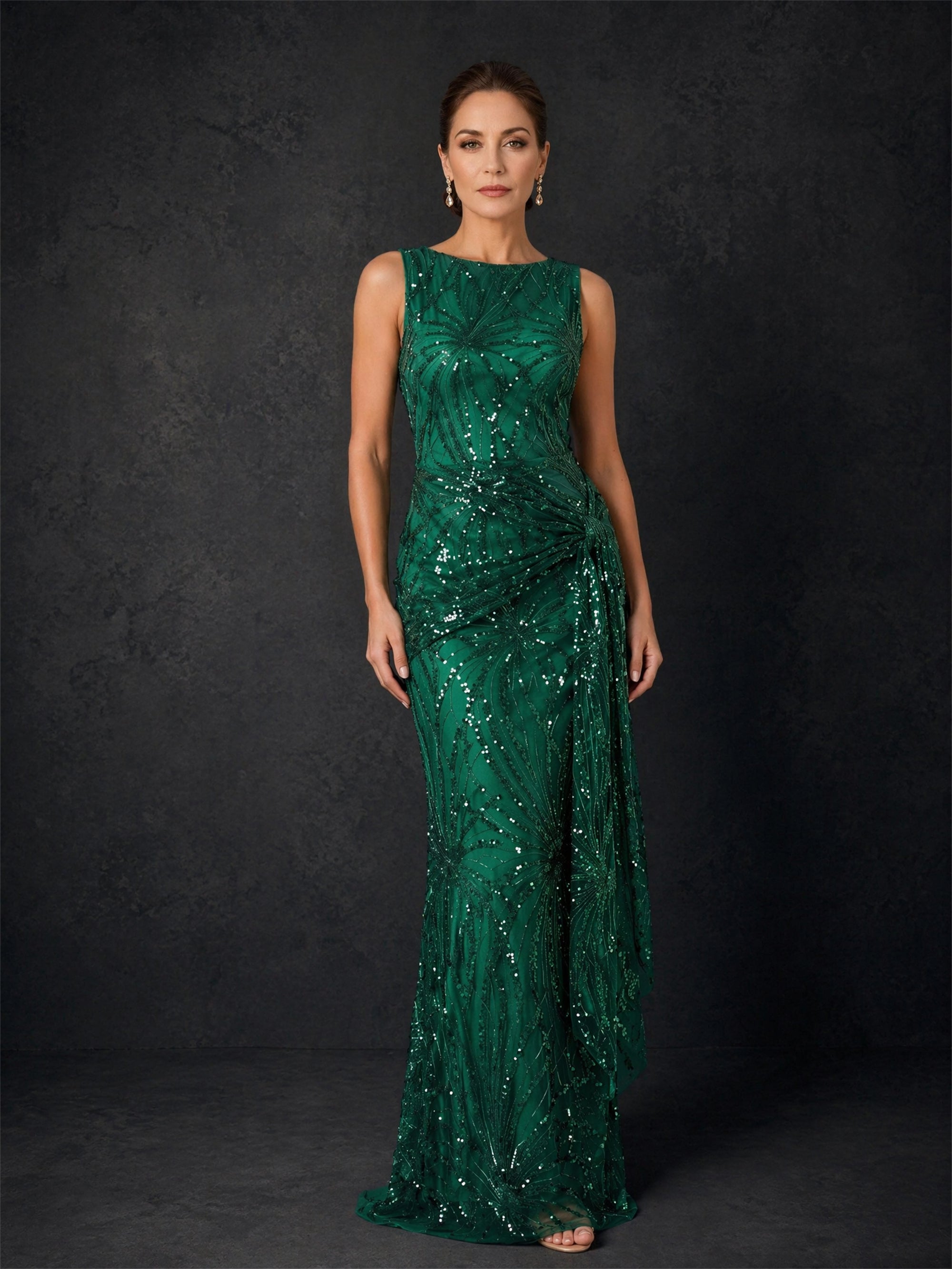 BOLODOO BD0409 emerald green sequin embroidered sleeveless floor-length gown – front view showing bateau neckline and all-over botanical sequin embroidery