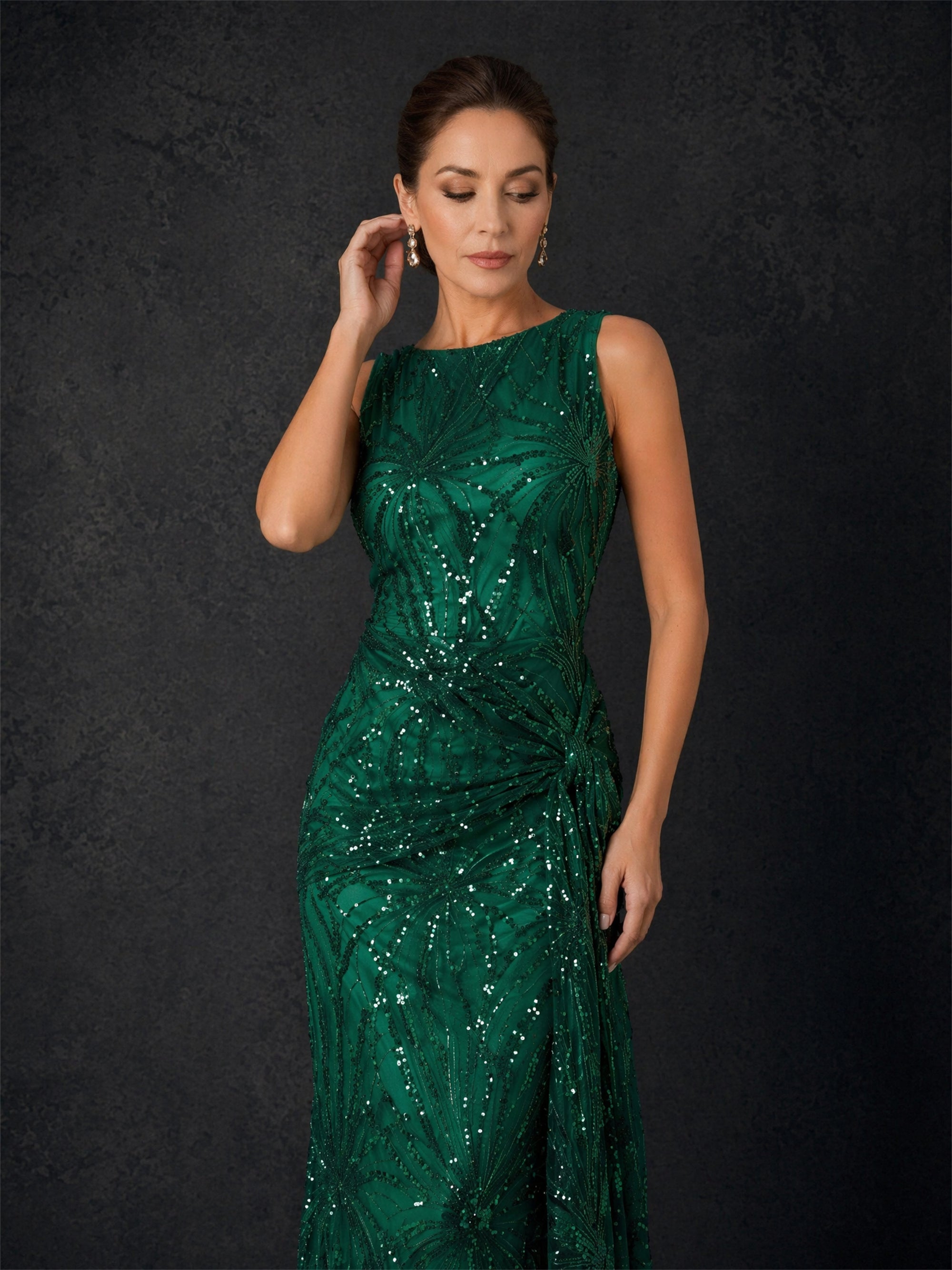 BOLODOO BD0409 emerald green sequin embroidered gown – second front view highlighting fitted sheath silhouette and ruched side detail