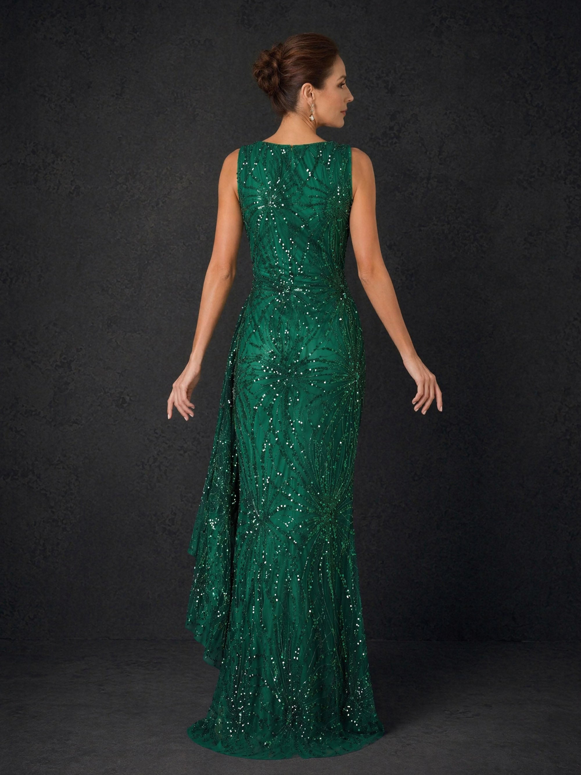 BOLODOO BD0409 emerald green sequin mesh sleeveless gown – close-up of bateau neckline and botanical leaf sequin embroidery detail