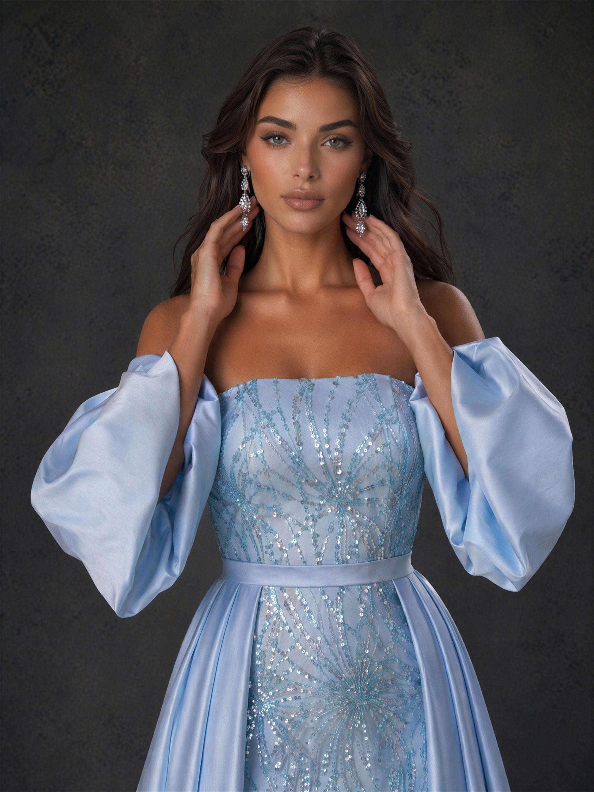 BOLODOO BD0410 sky blue sequin off-shoulder puff sleeve gown – back view showing fully open backless design and flowing satin overskirt