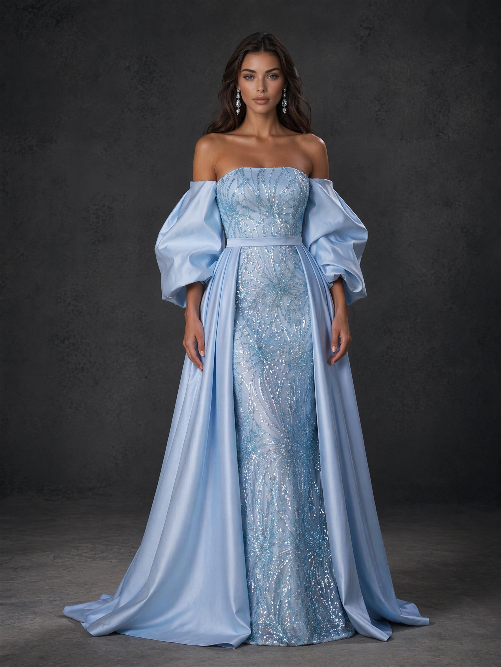 BOLODOO BD0410 sky blue sequin embroidered gown – close-up of off-shoulder neckline, puff sleeves and silver-blue botanical sequin embroidery detail
