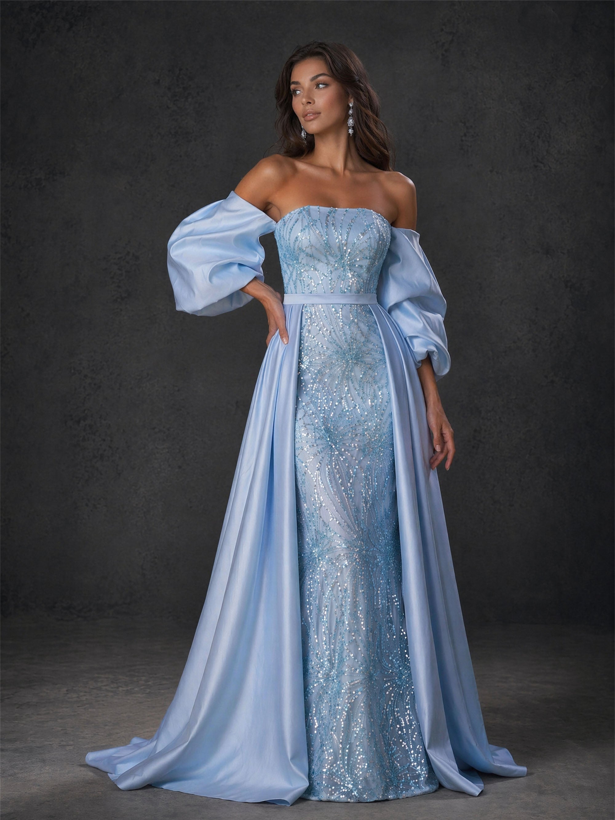 BOLODOO BD0410 sky blue sequin embroidered off-shoulder puff sleeve gown with detachable satin overskirt – front view showing full A-line ballgown silhouette
