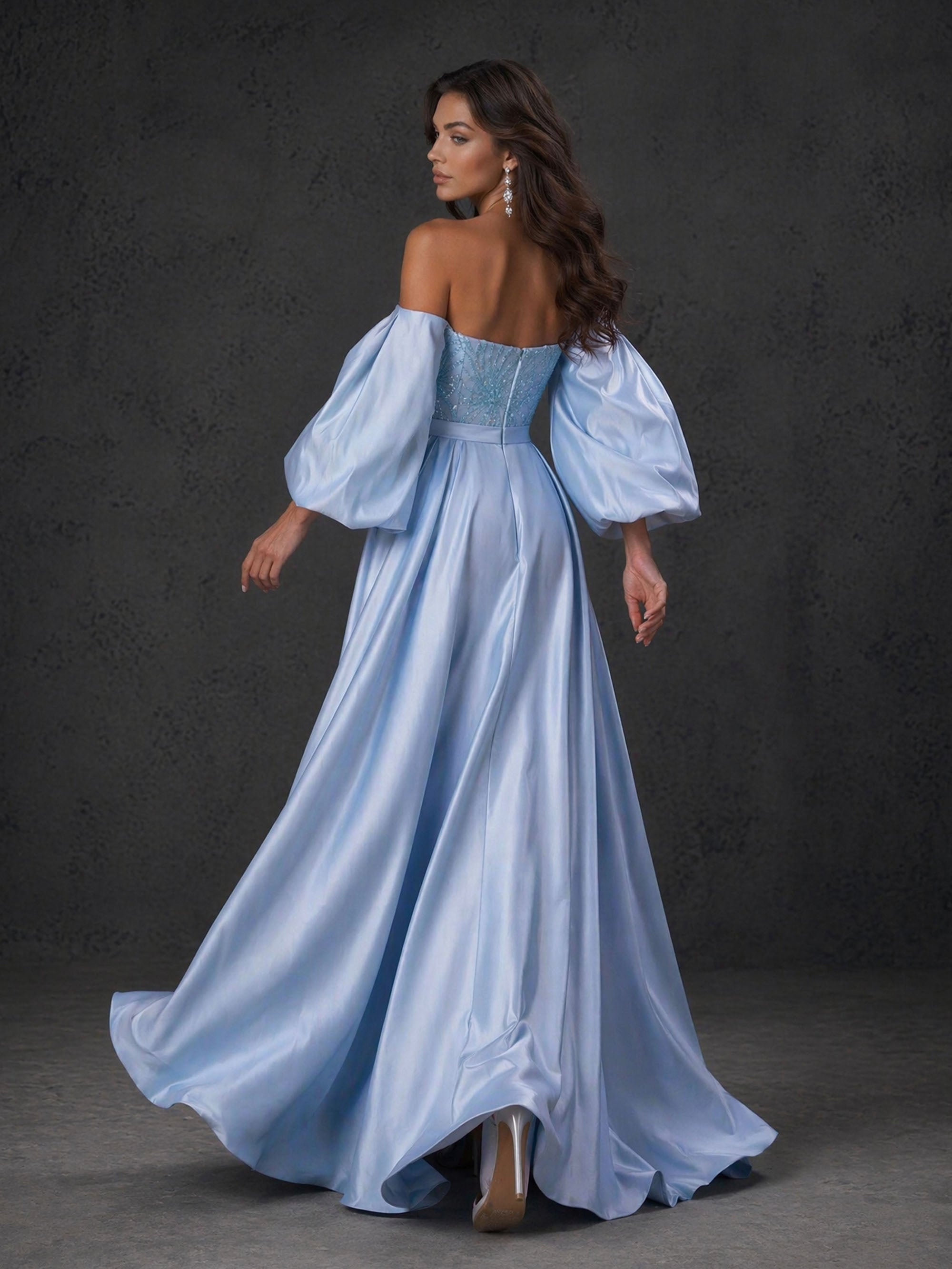 BOLODOO BD0410 sky blue sequin off-shoulder puff sleeve gown – second front view highlighting detachable satin overskirt and sequin embroidered sheath