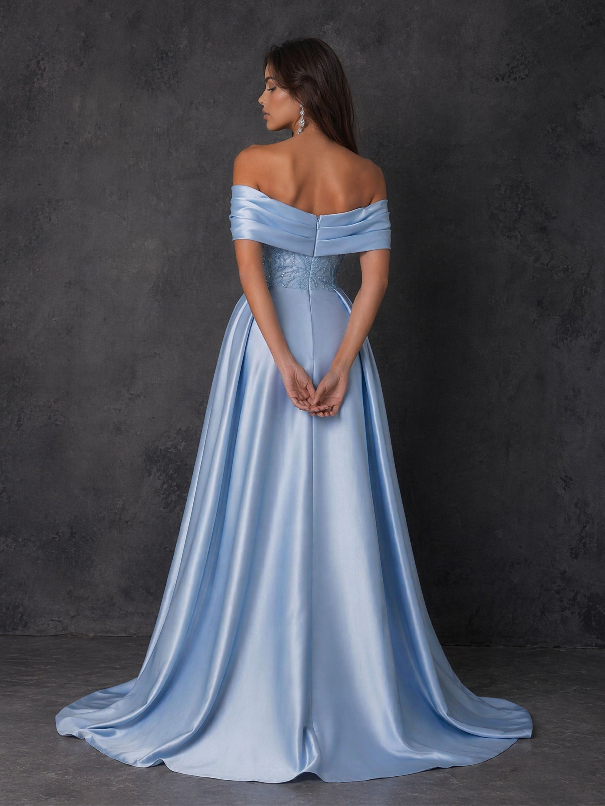 BOLODOO BD0411 steel blue sequin embroidered off-shoulder draped collar gown with detachable satin overskirt – front view showing full A-line ballgown silhouette