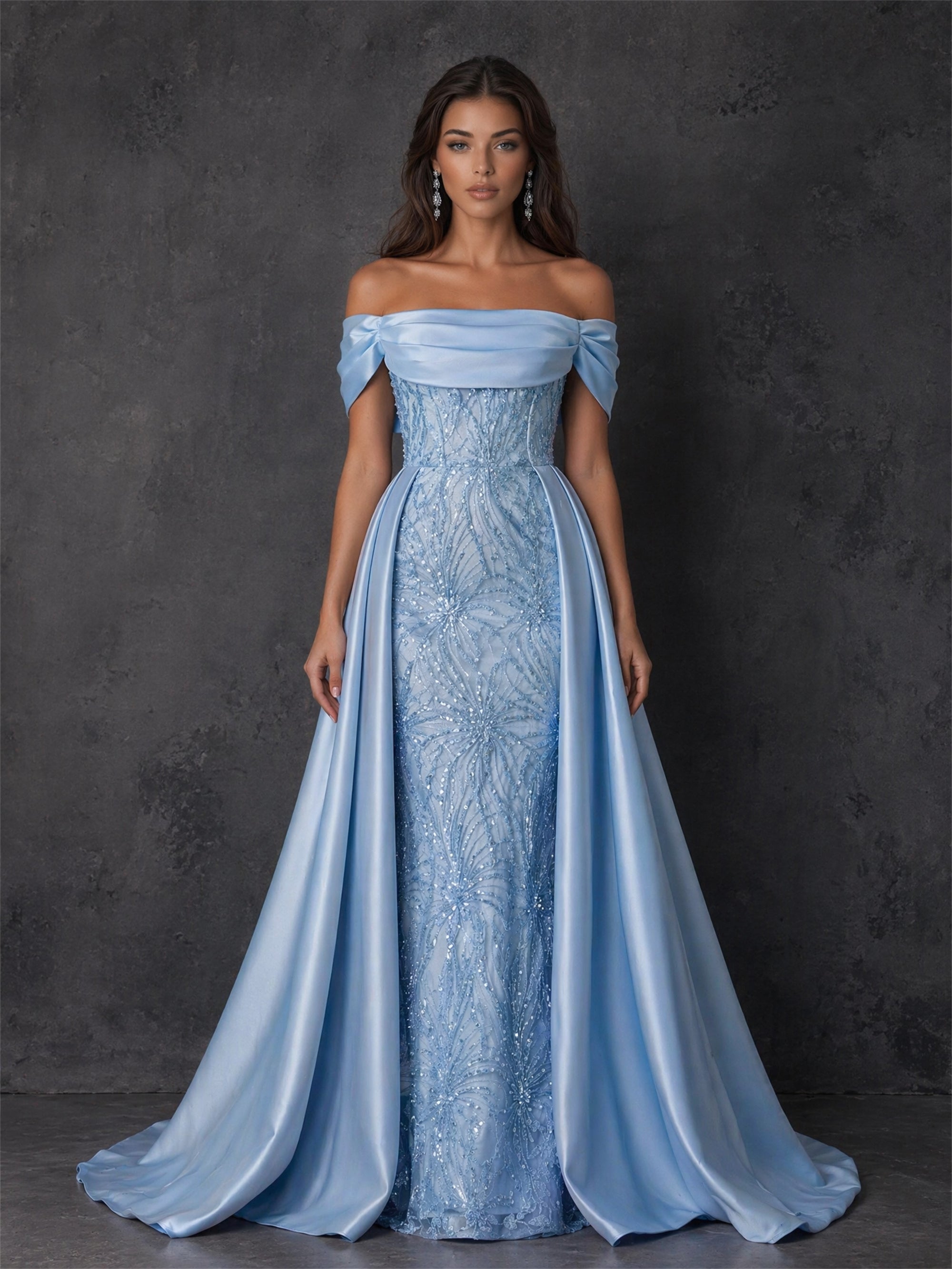 BOLODOO BD0411 steel blue sequin off-shoulder draped collar gown – close-up of sculptural draped satin collar and starburst sequin embroidery detail