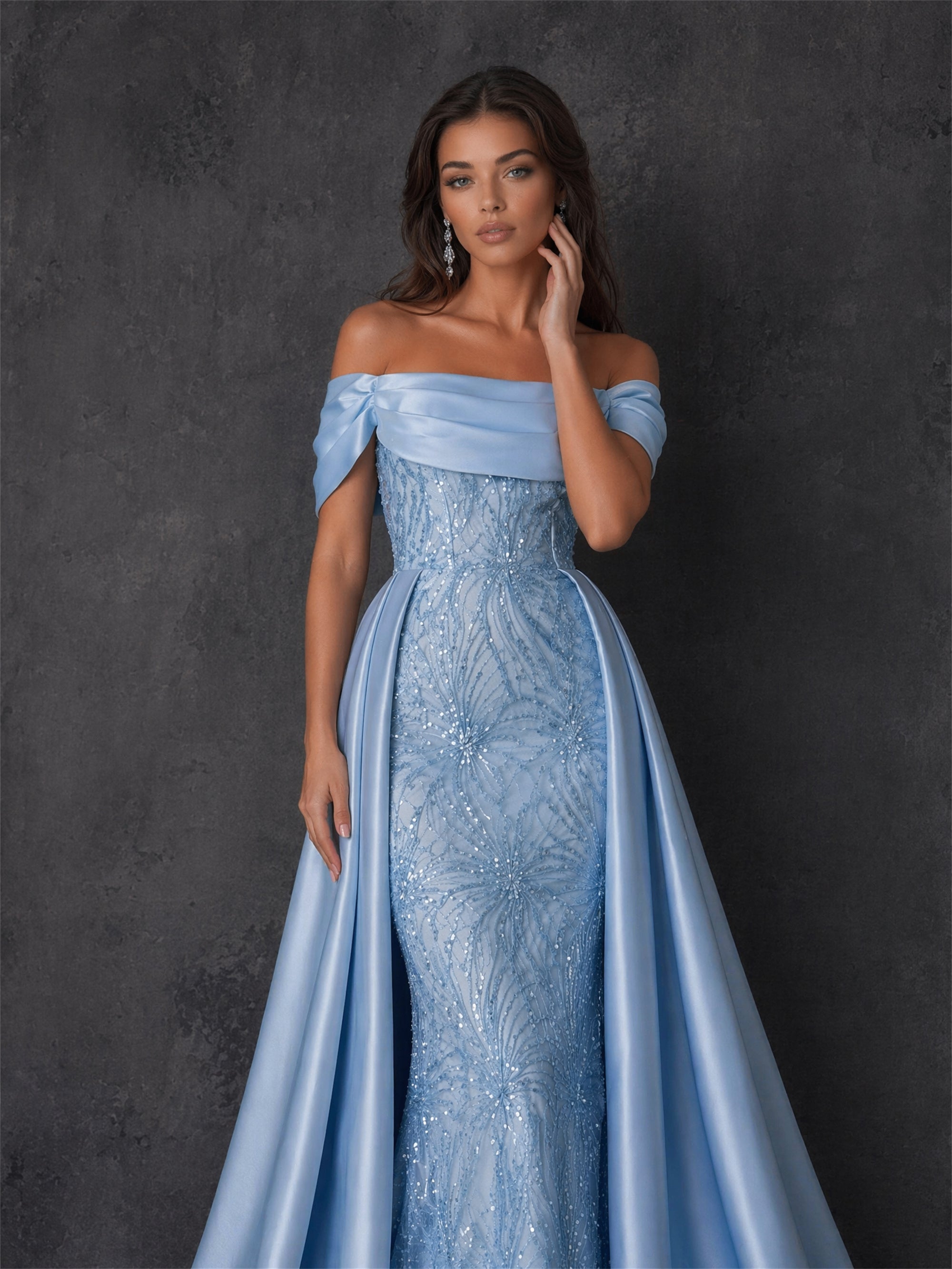 BOLODOO BD0411 steel blue sequin embroidered gown – second front view highlighting detachable satin overskirt with train and mermaid inner silhouette