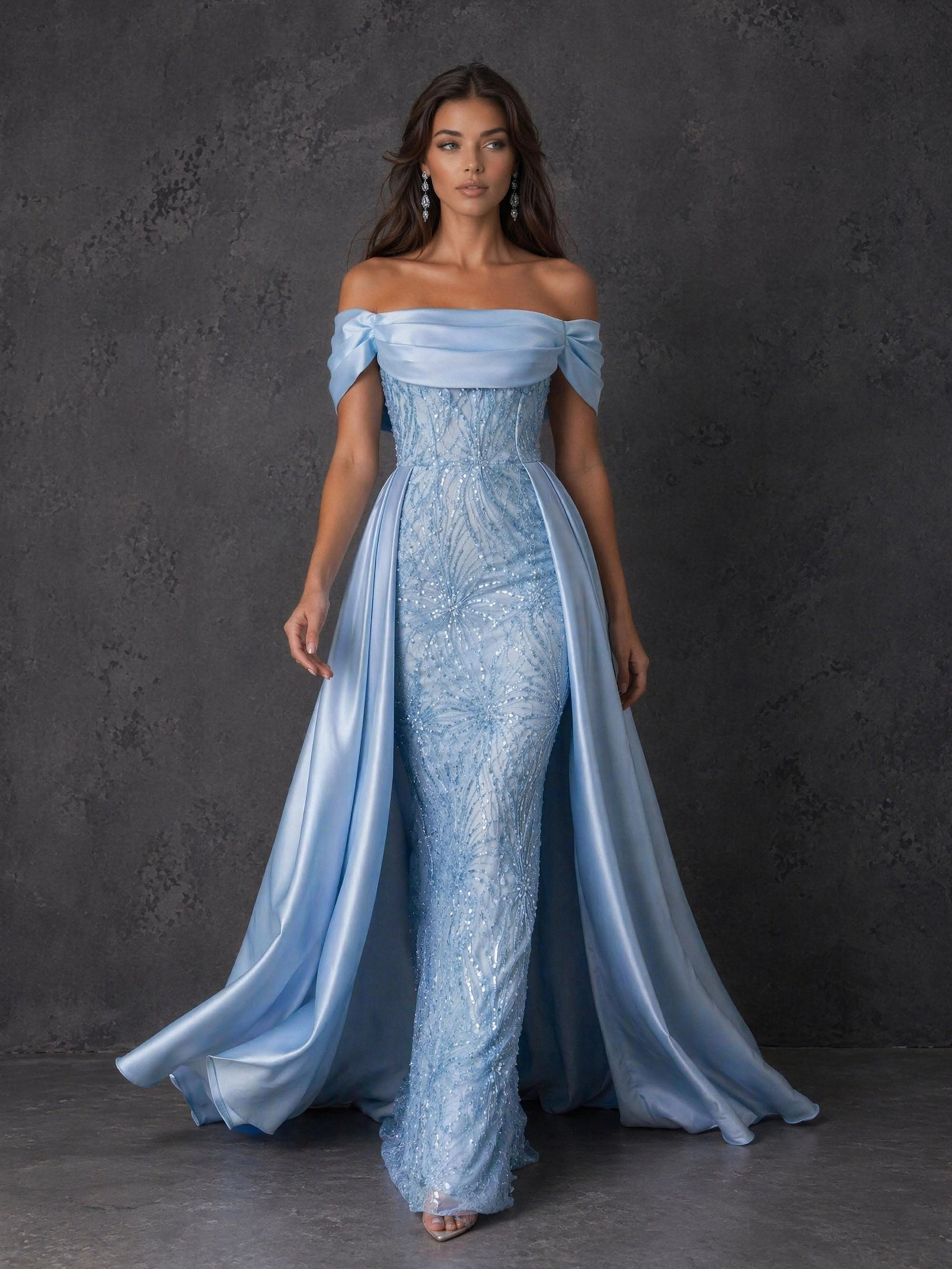 BOLODOO BD0411 steel blue sequin off-shoulder gown – back view showing low open back and sweeping satin A-line overskirt with train