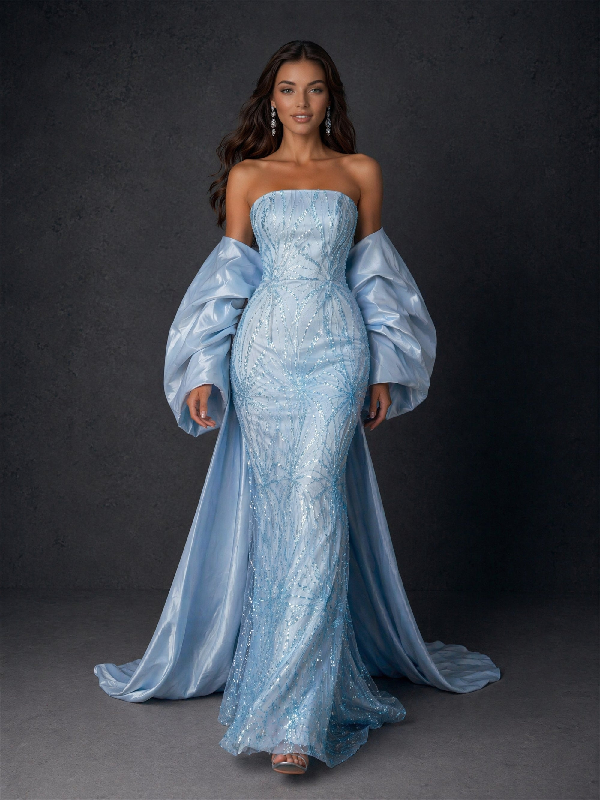 BOLODOO BD0412 light blue sequin strapless mermaid gown – back view showing fully open backless design with oversized puff sleeves and satin cape train