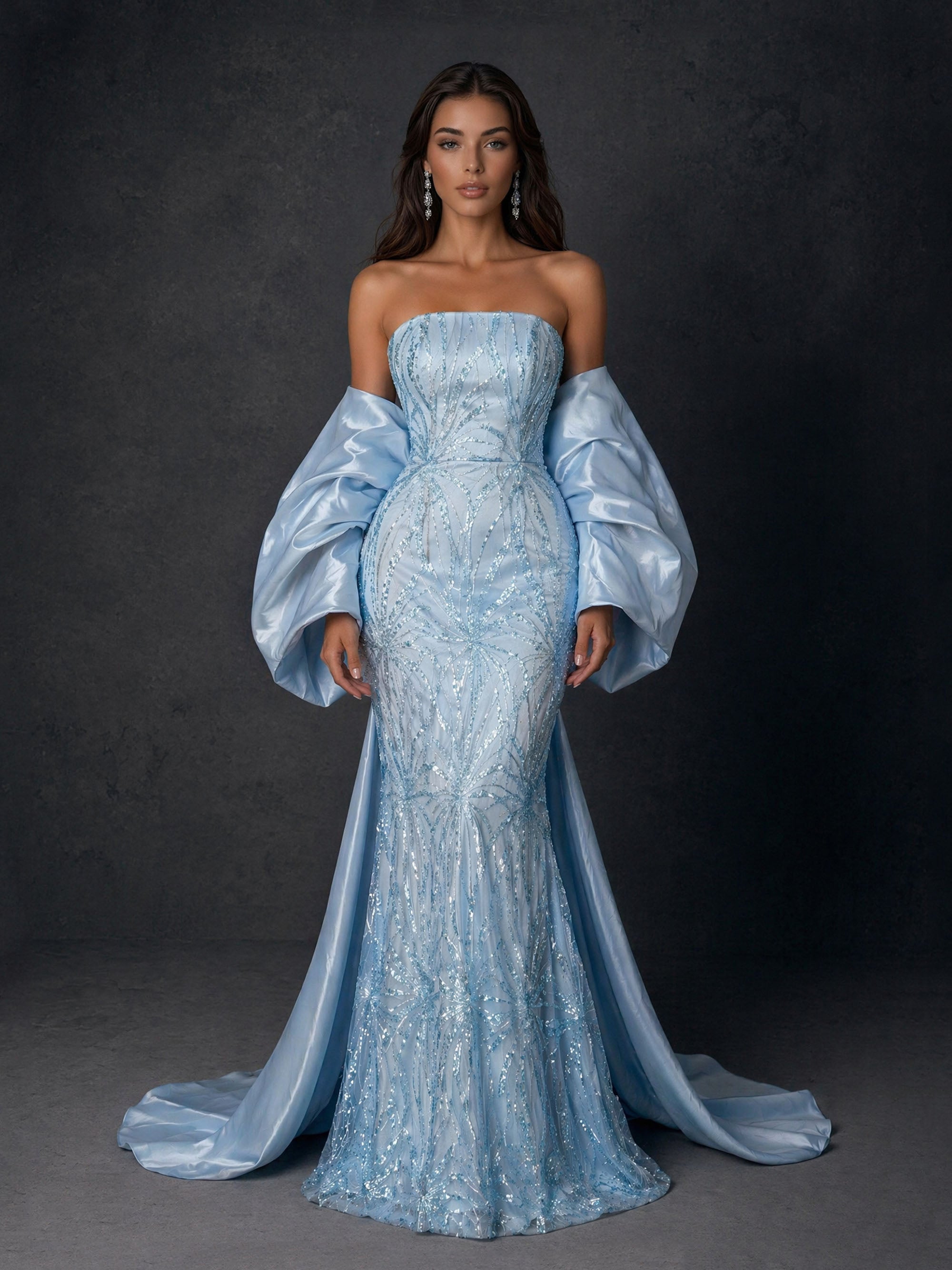 BOLODOO BD0412 light blue sequin embroidered strapless mermaid gown with detachable oversized puff sleeves and satin cape train – front view