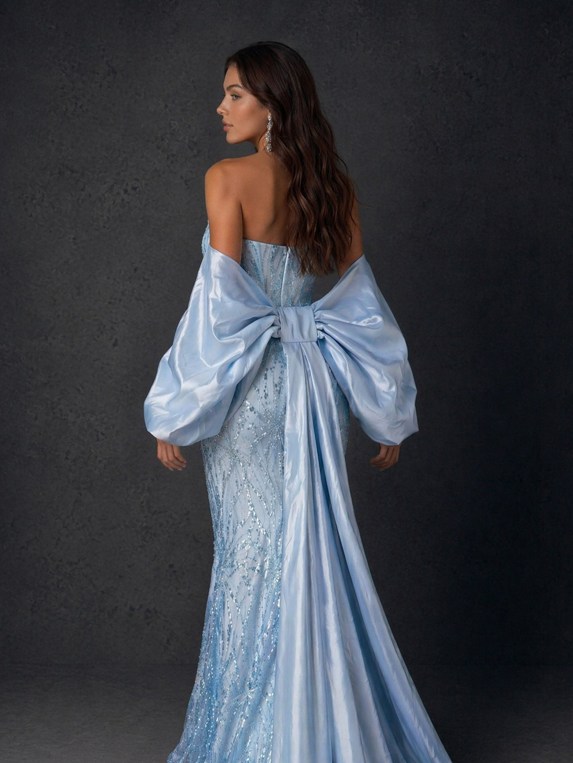 BOLODOO BD0412 light blue sequin strapless mermaid gown – third front view showing full-length satin bishop sleeves and floor-length mermaid silhouette