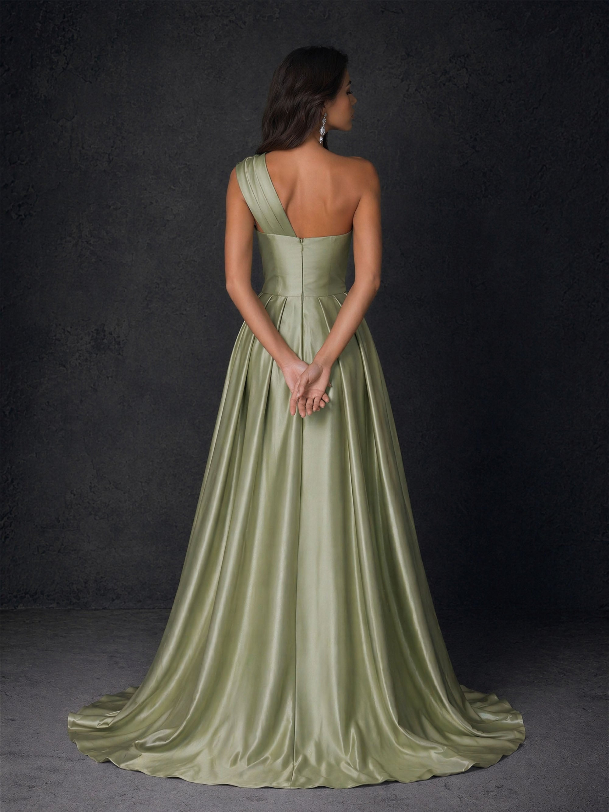 BOLODOO BD0413 sage green one-shoulder 3D rose satin gown with detachable A-line overskirt and sequin embroidered underdress – front view