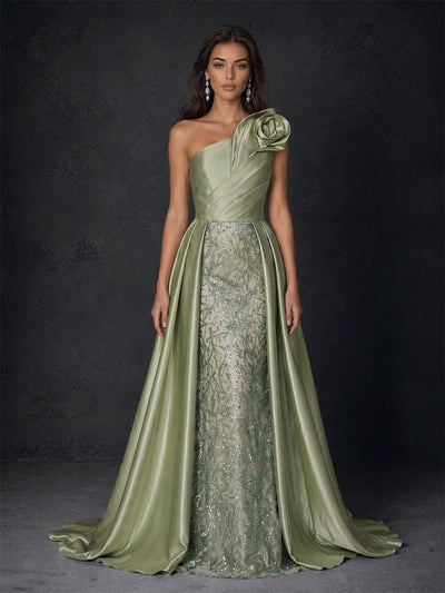 BOLODOO BD0413 sage green one-shoulder satin gown – back view showing open back with single shoulder strap and sweeping A-line satin overskirt train