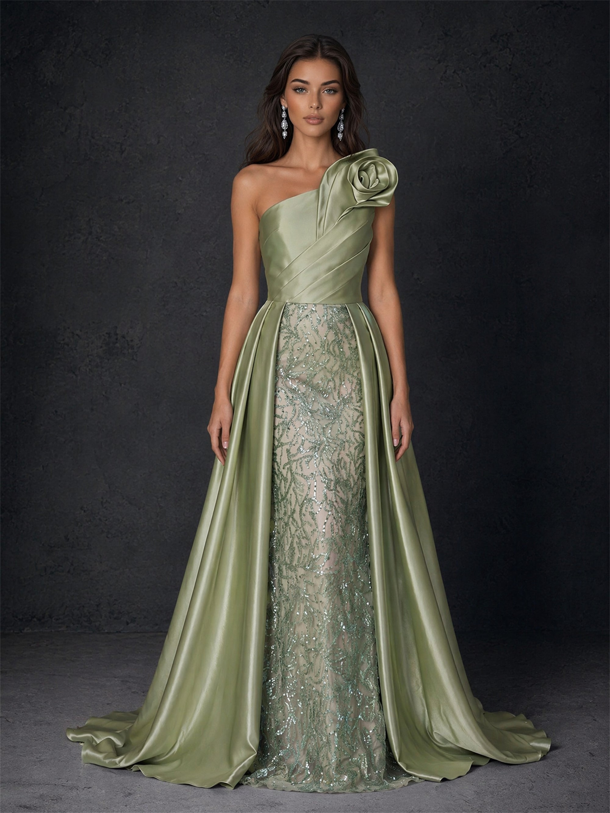BOLODOO BD0413 sage green one-shoulder satin gown – back view showing open back with single shoulder strap and sweeping A-line satin overskirt train