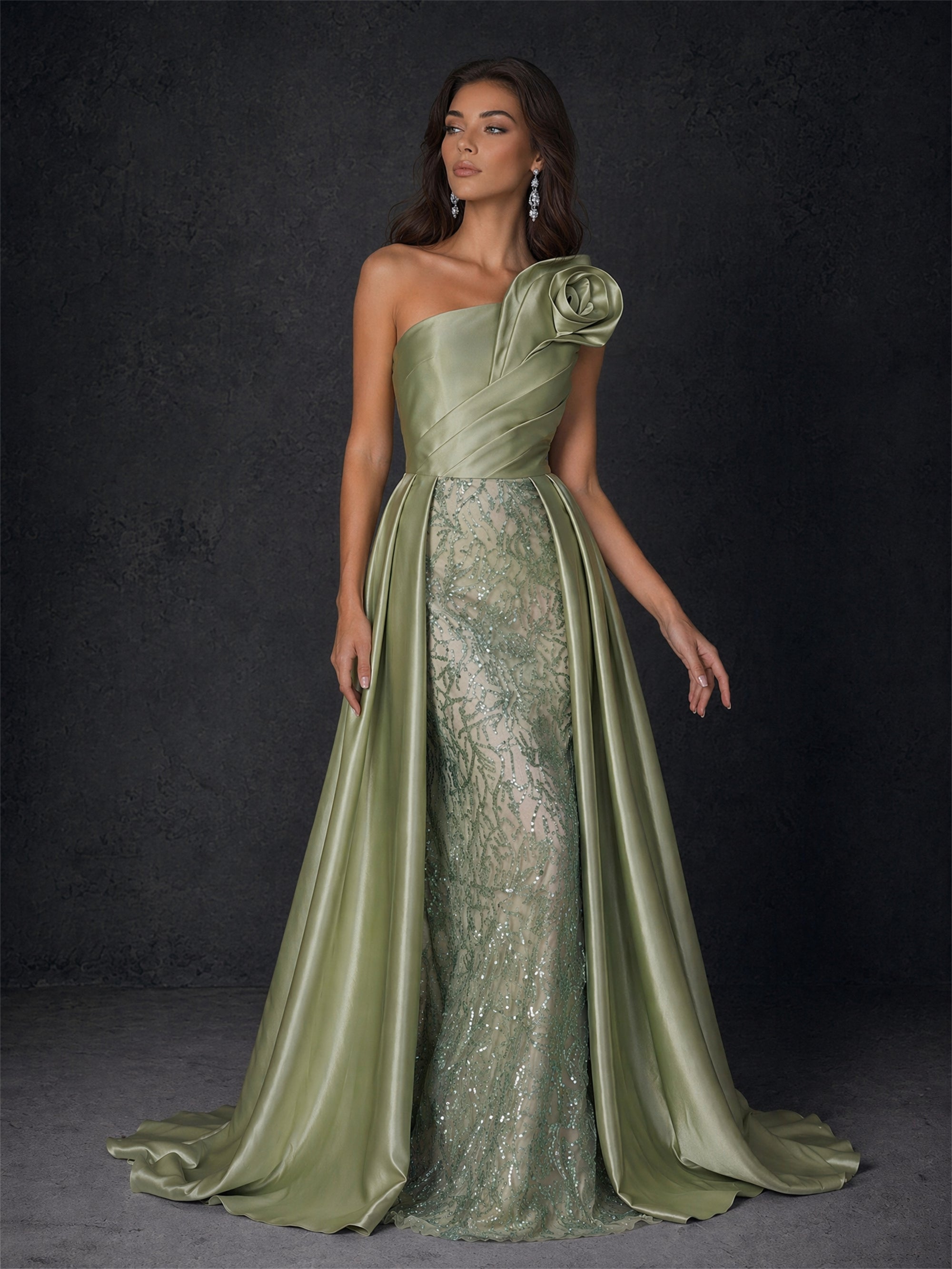 BOLODOO BD0413 sage green one-shoulder satin gown – second front view highlighting diagonal ruched bodice and 3D rose shoulder detail