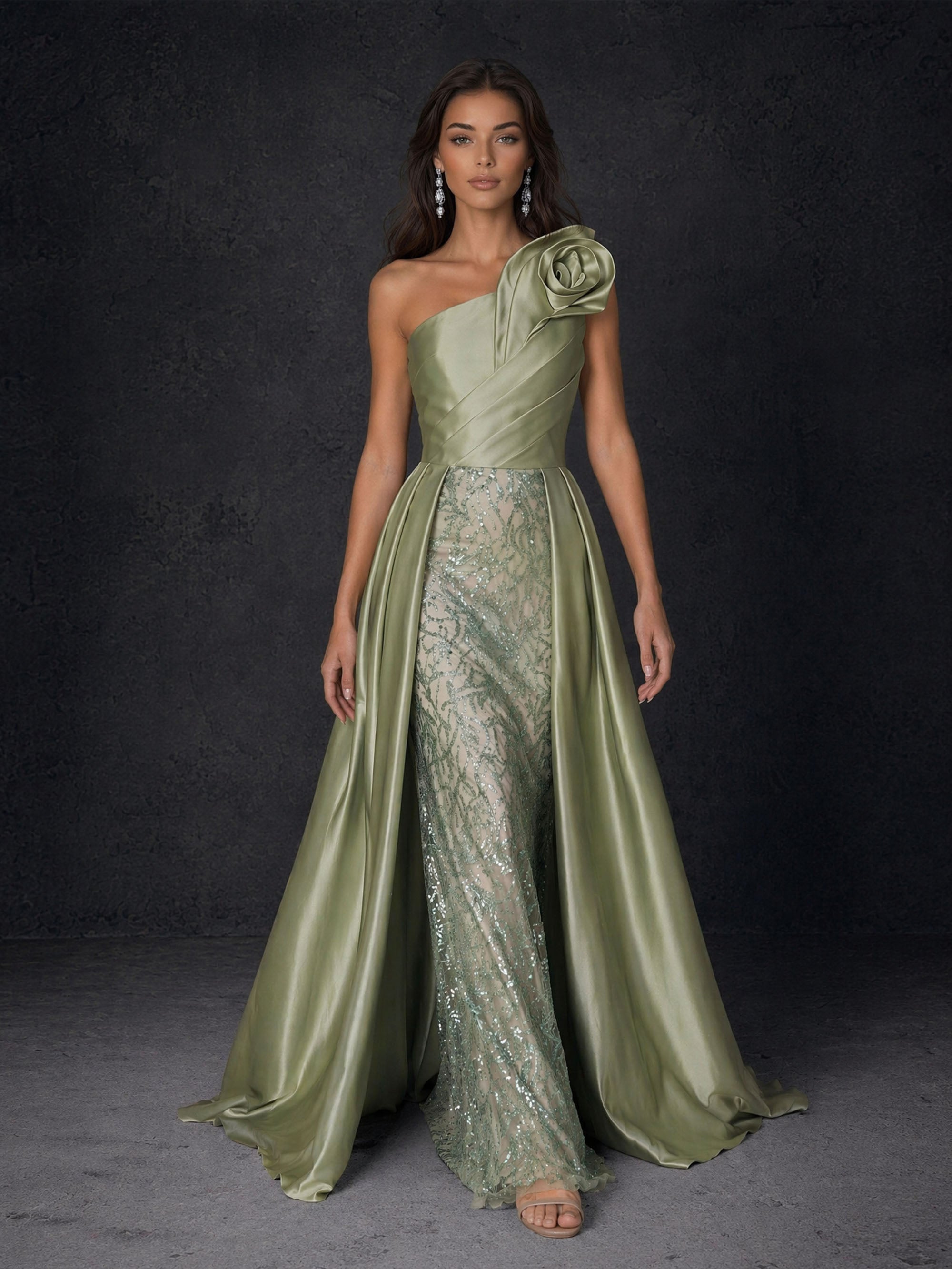 BOLODOO BD0413 sage green one-shoulder satin gown – third front view showing full A-line overskirt silhouette with train and sequin underdress