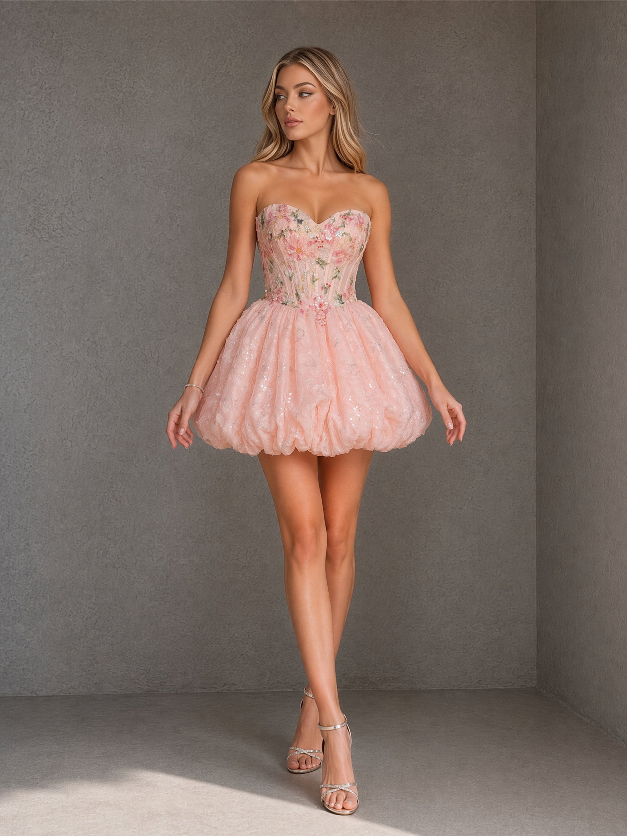 BOLODOO BD0415 blush pink strapless 3D floral corset bubble skirt dress – second front view highlighting sweetheart neckline and voluminous sequin tulle skirt