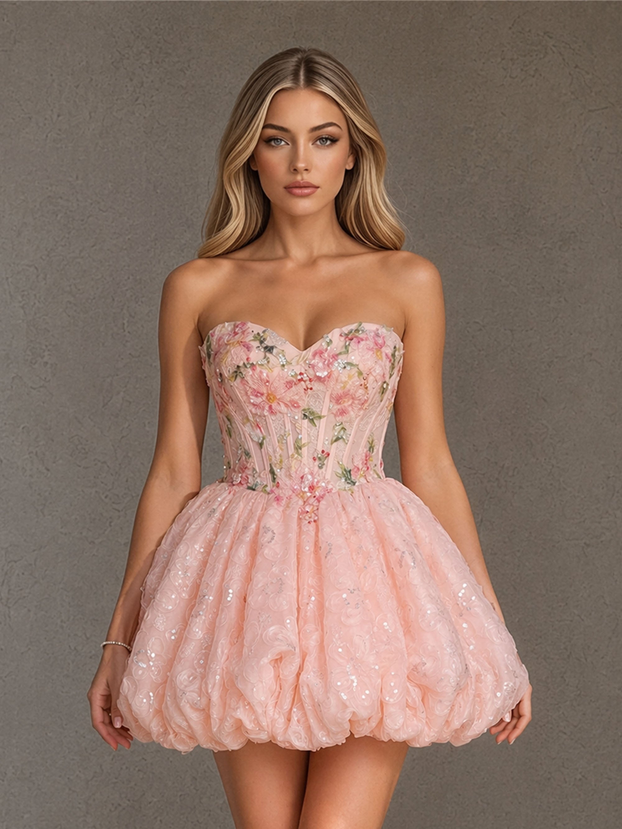 BOLODOO BD0415 blush pink sweetheart bubble skirt mini dress – third front view showing full silhouette and shimmering sequin tulle bubble skirt