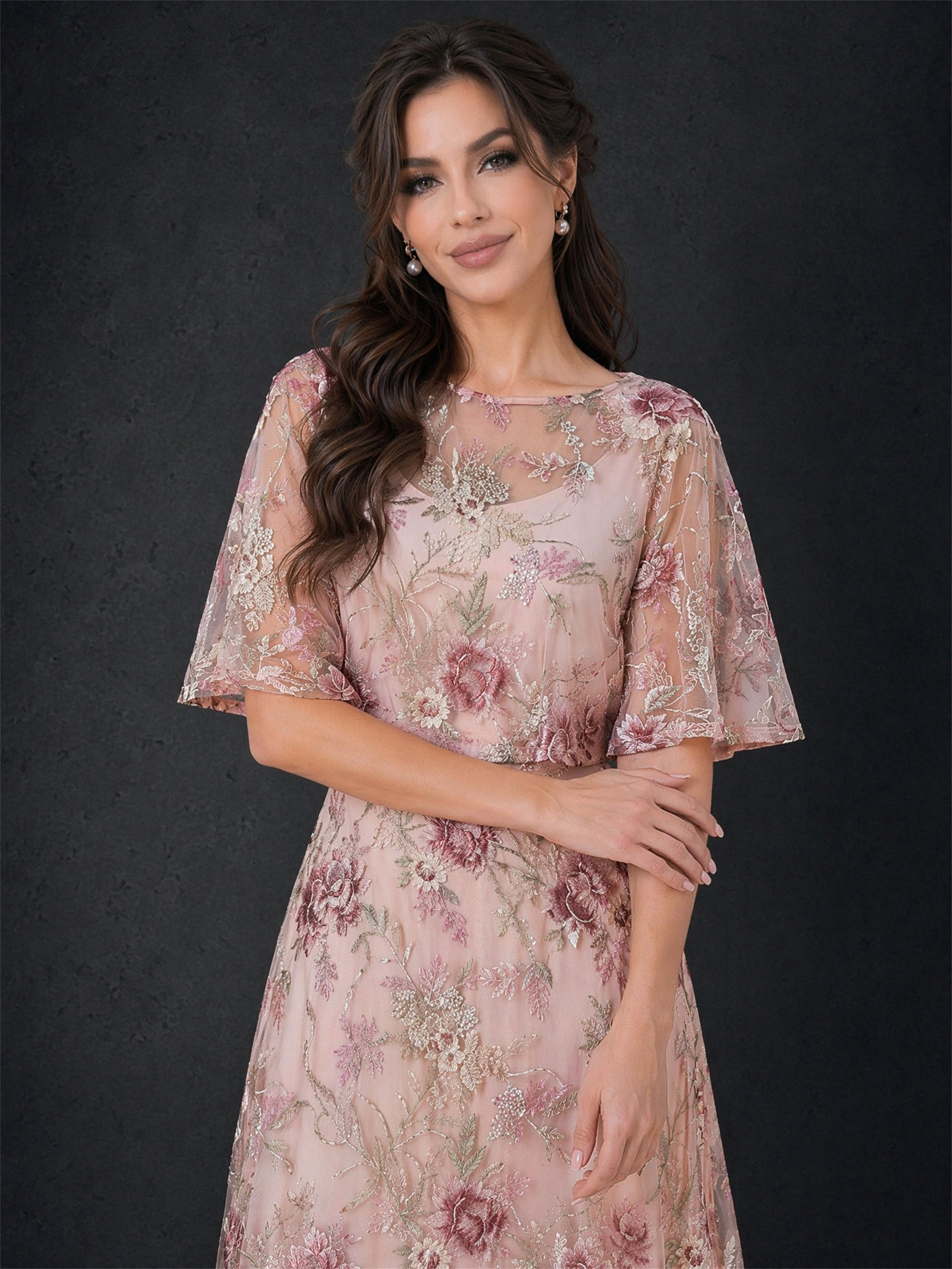 BOLODOO BD0417 dusty rose floral embroidered sheer flutter sleeve A-line floor-length gown – front view showing jewel neckline and rose floral embroidered tulle