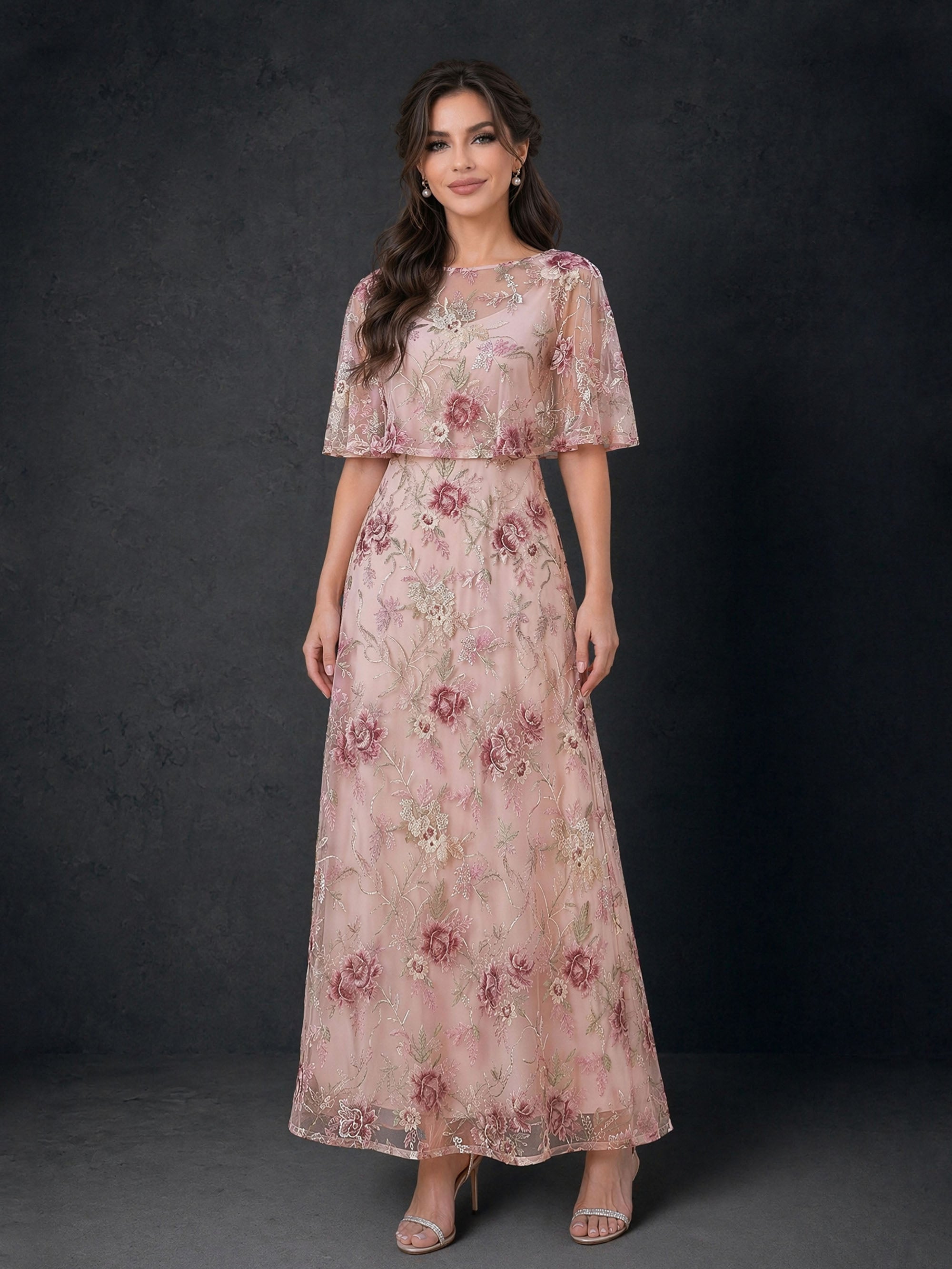 BOLODOO BD0417 dusty rose floral embroidered flutter sleeve A-line gown – back view showing fully covered back with sheer embroidered tulle and flutter sleeve drape