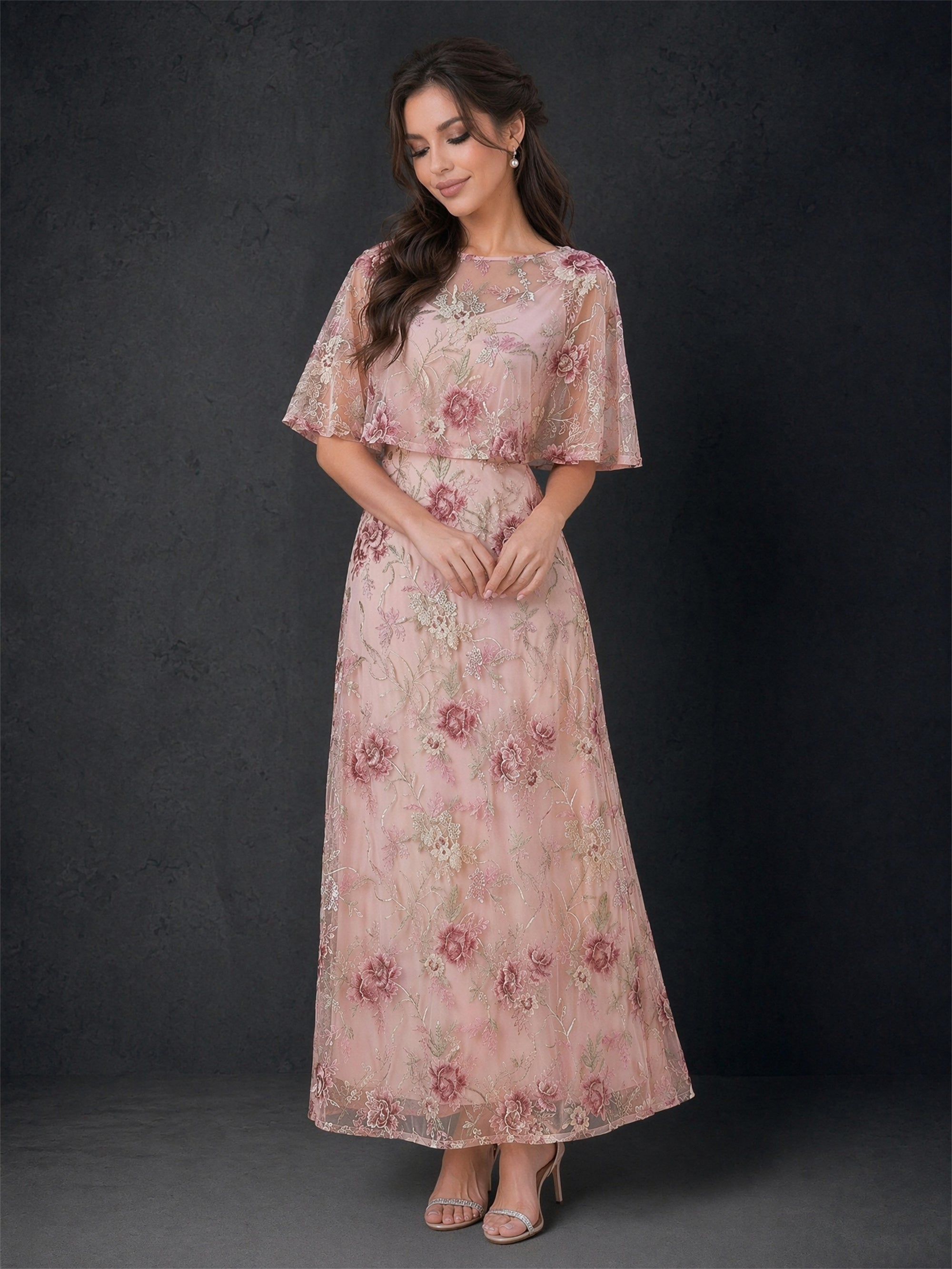 BOLODOO BD0417 dusty rose floral embroidered flutter sleeve gown – second front view highlighting A-line silhouette and mauve burgundy rose embroidery with gold metallic thread