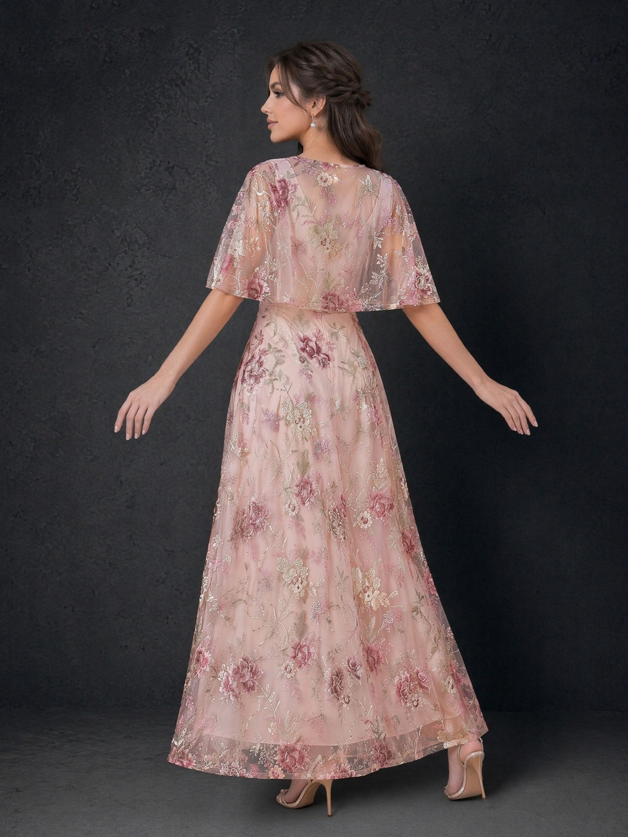 BOLODOO BD0417 dusty rose sheer flutter sleeve floral embroidered gown – third front view showing full floor-length A-line silhouette and embroidered tulle detail