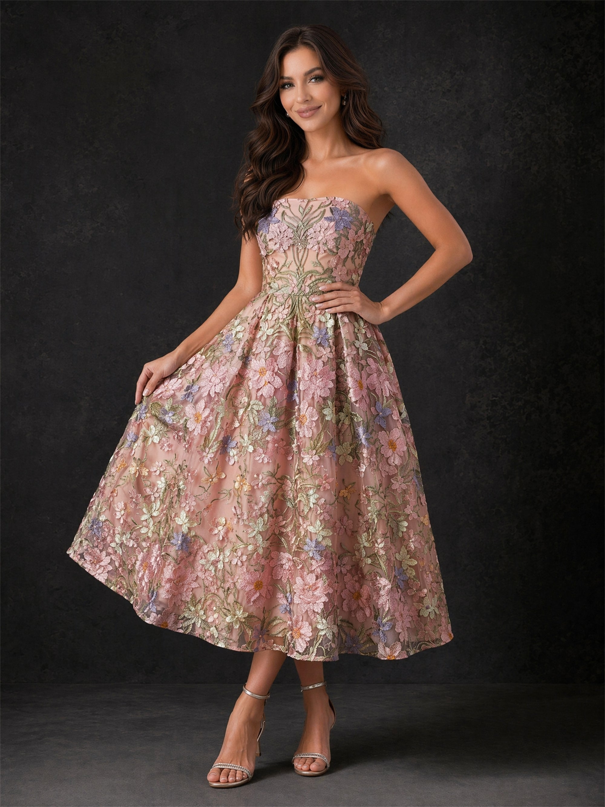BOLODOO BD0418 blush pink multicolor floral embroidered strapless A-line tea length dress – front view showing full A-line skirt and metallic gold embroidered tulle