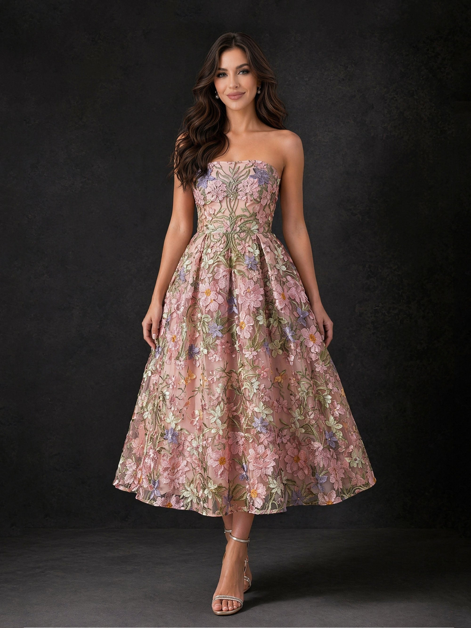 BOLODOO BD0418 blush pink floral embroidered strapless A-line midi dress – second front view highlighting multicolor floral embroidery and structured strapless bodice