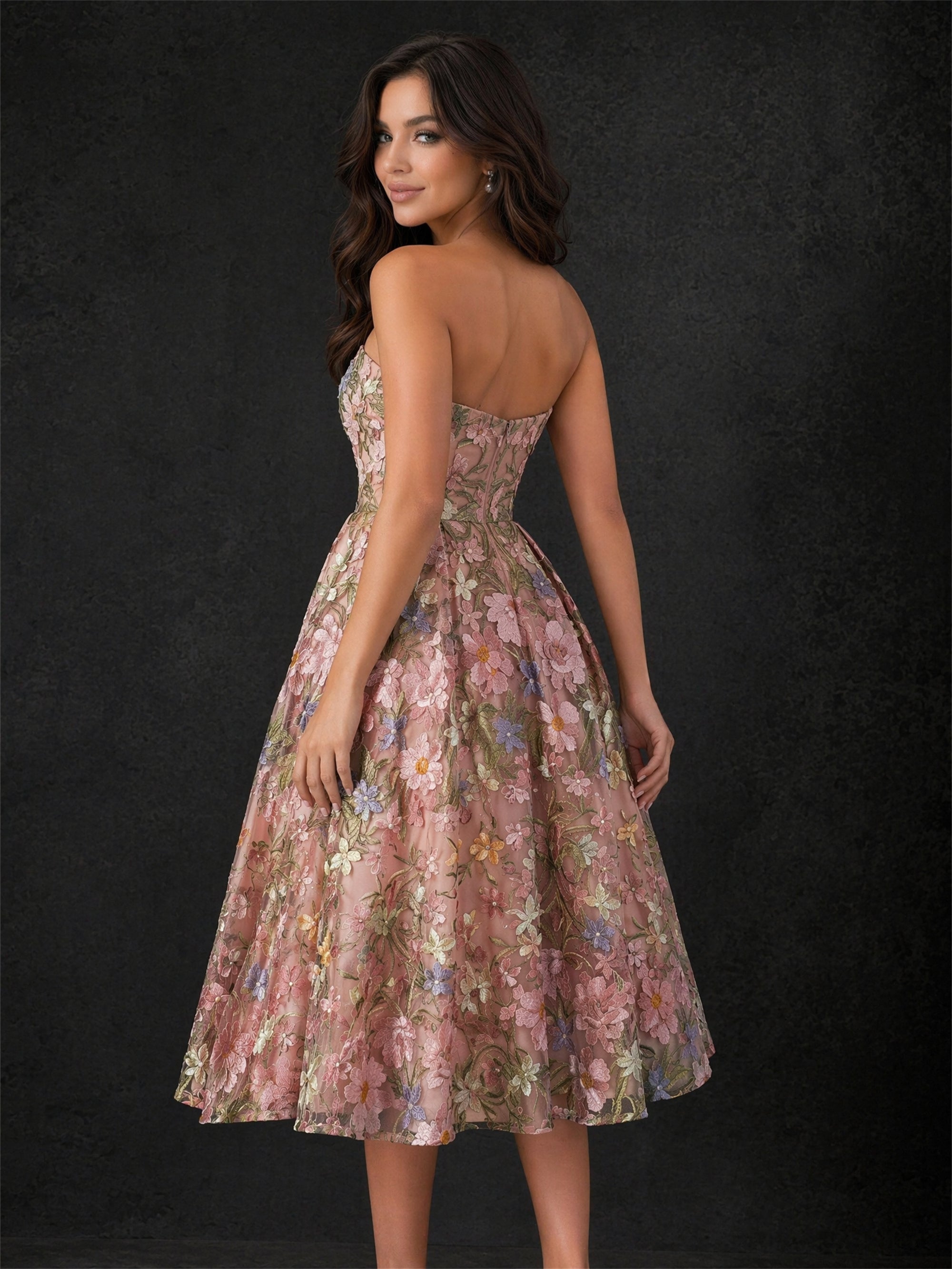 BOLODOO BD0418 blush pink multicolor floral embroidered strapless tea length dress – back view showing fully open back and voluminous A-line metallic tulle skirt