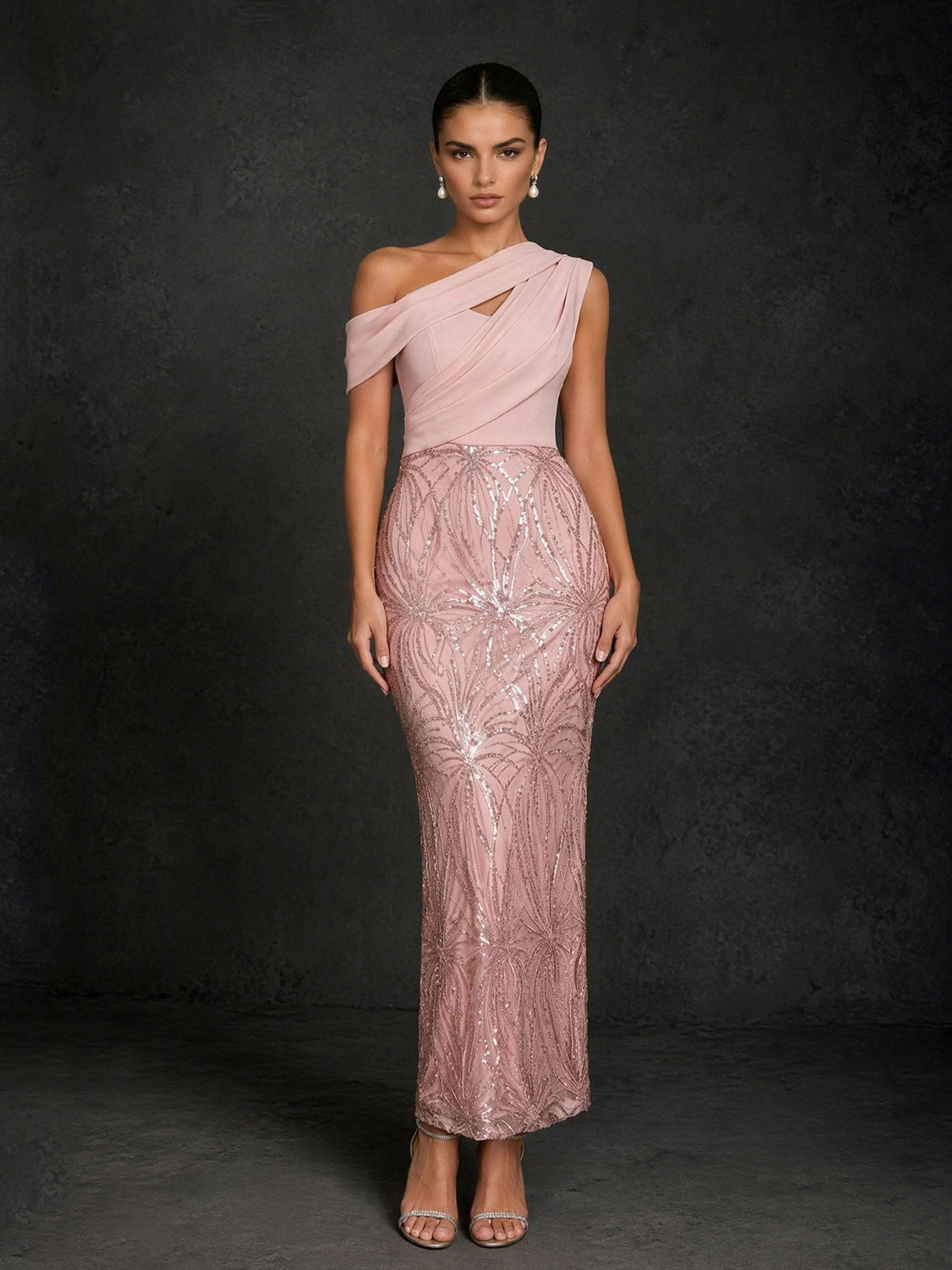 BOLODOO BD0419 blush pink one-shoulder chiffon sequin mermaid gown – second front view highlighting keyhole cutout detail and geometric starburst sequin embroidery