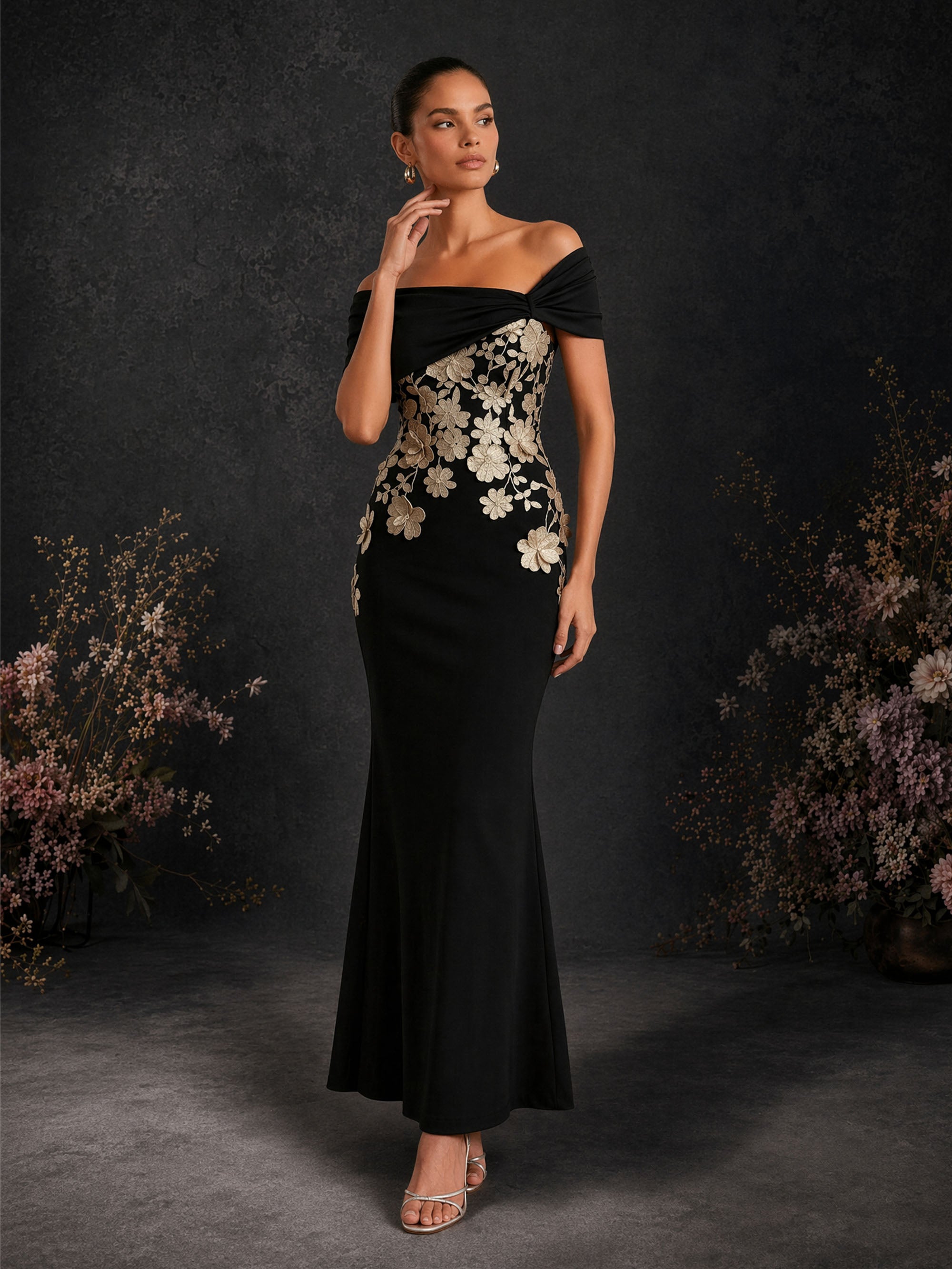 BOLODOO BD0420 black and gold off-shoulder mermaid gown – second front view highlighting gold floral appliqué on sheer illusion waist and body-skimming mermaid silhouette