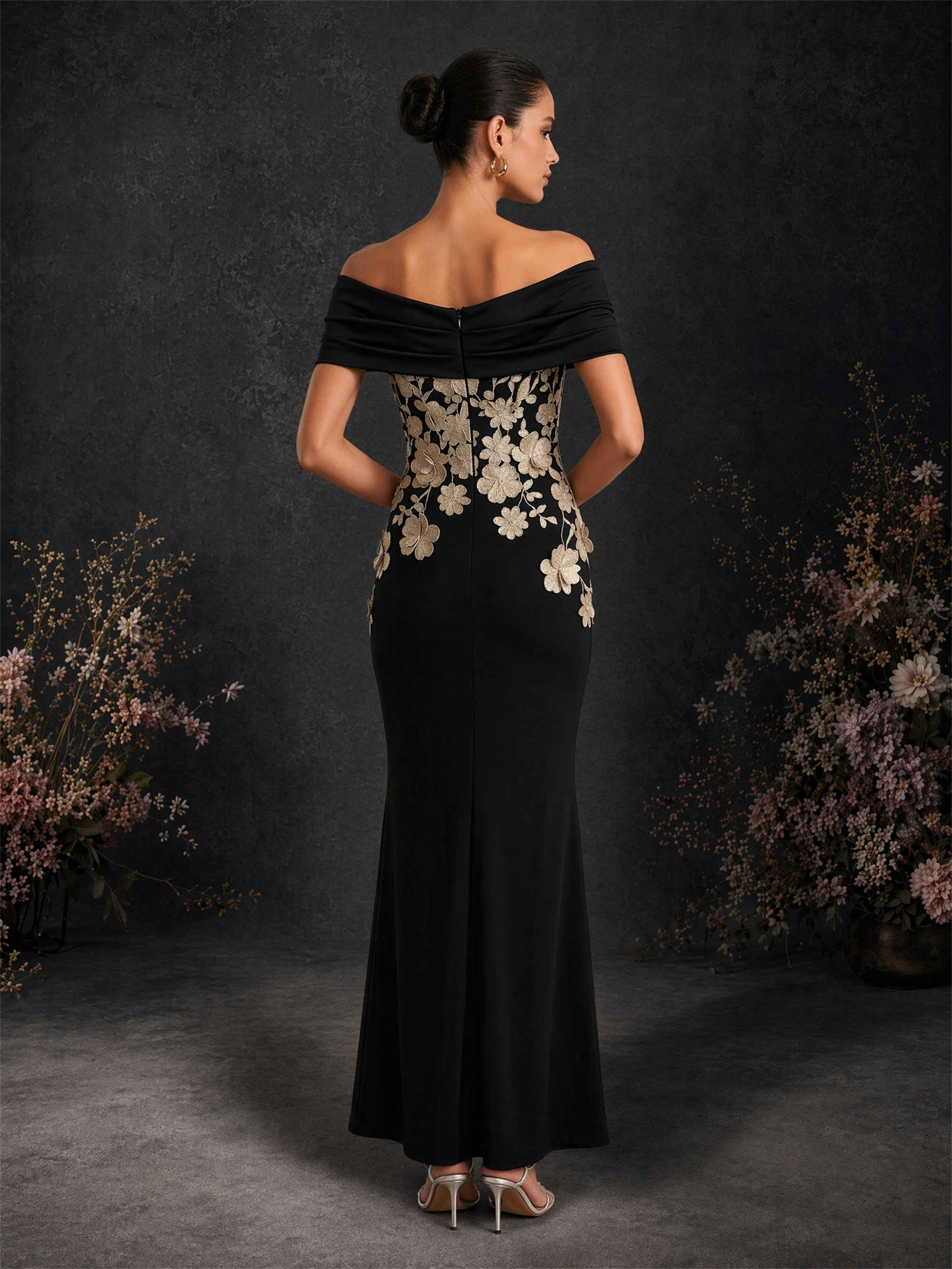 BOLODOO BD0420 black and gold off-shoulder twisted neckline mermaid gown – third front view showing full floor-length silhouette and gold floral embroidery detail