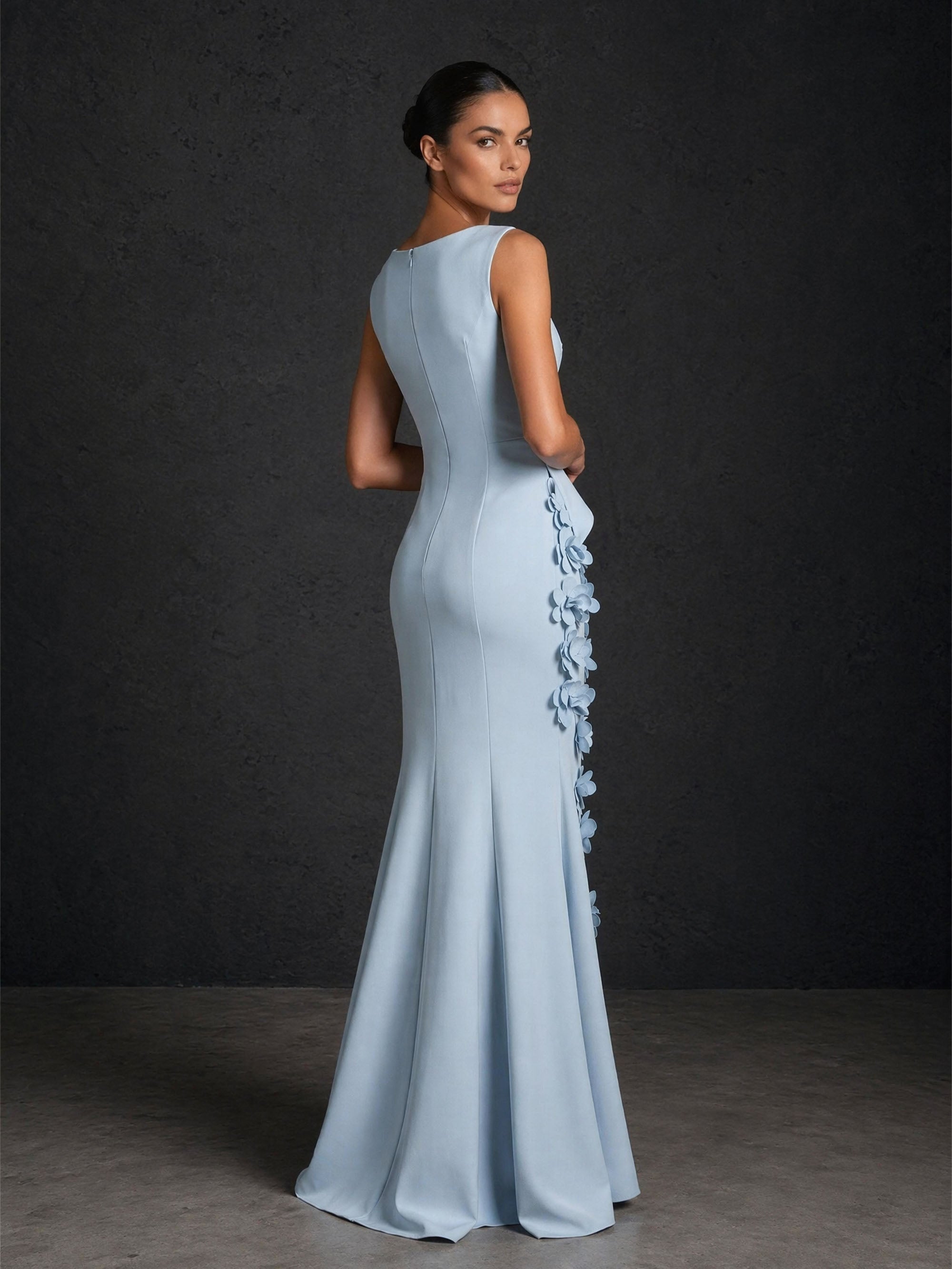 BOLODOO BD0421 ice blue bateau neck sleeveless peplum mermaid gown – back view showing fully covered back with concealed zipper and clean stretch crepe silhouette