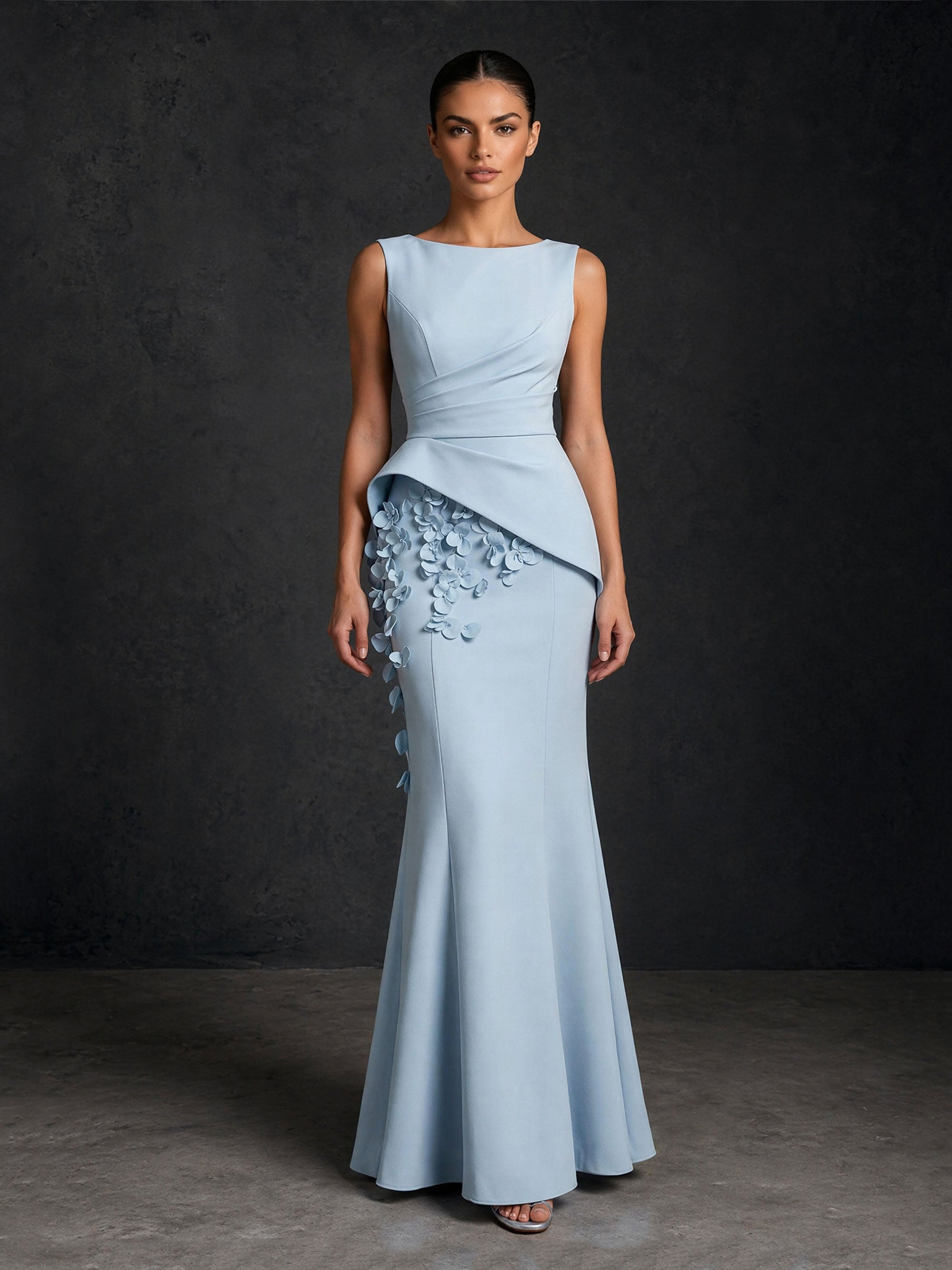 BOLODOO BD0421 ice blue bateau neck sleeveless asymmetric peplum 3D petal appliqué mermaid floor-length gown – front view showing diagonal pleated bodice and cascading petal appliques