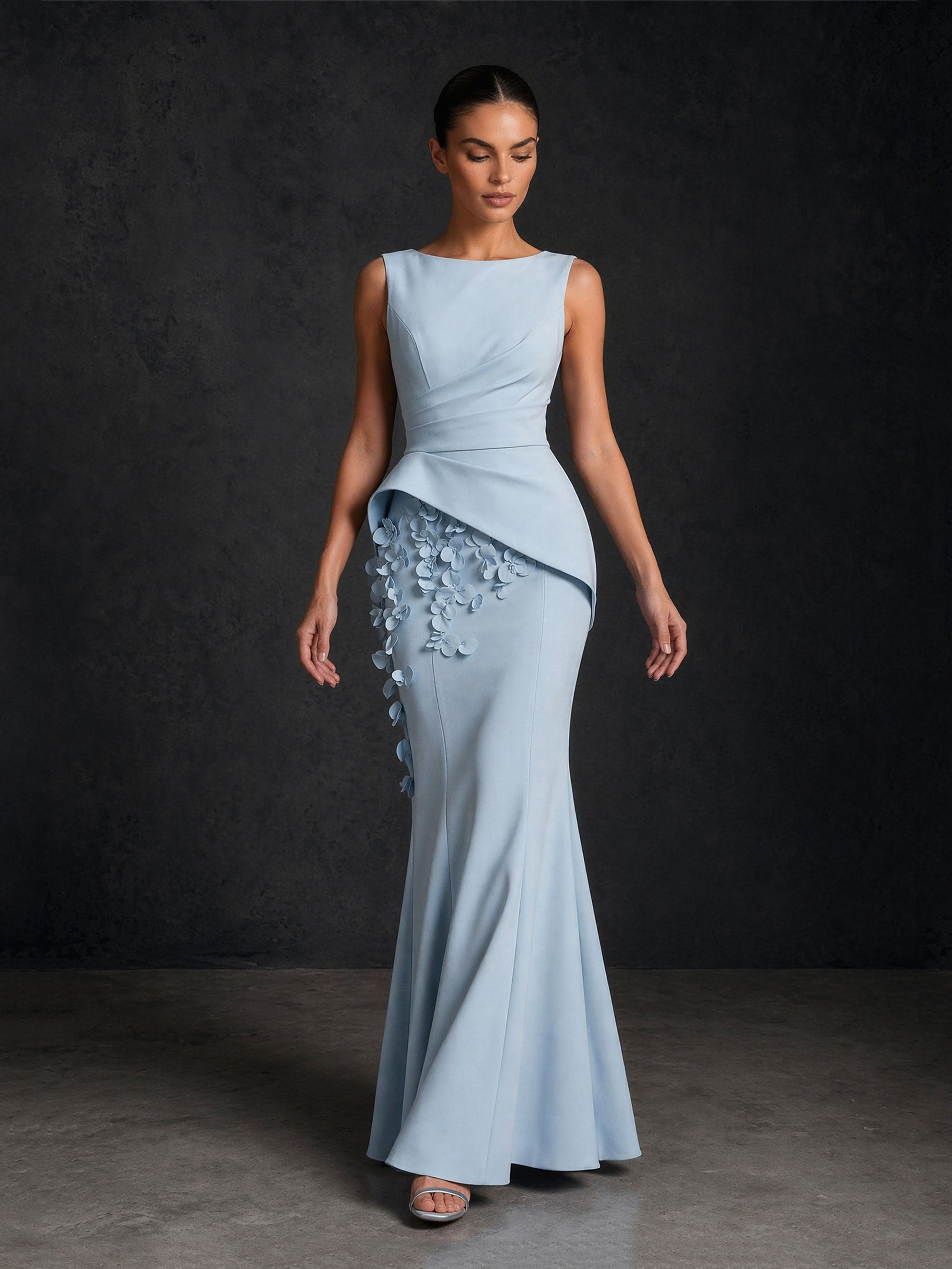 BOLODOO BD0421 ice blue bateau neck asymmetric peplum mermaid gown – second front view highlighting 3D petal appliqué cascade and stretch crepe mermaid silhouette