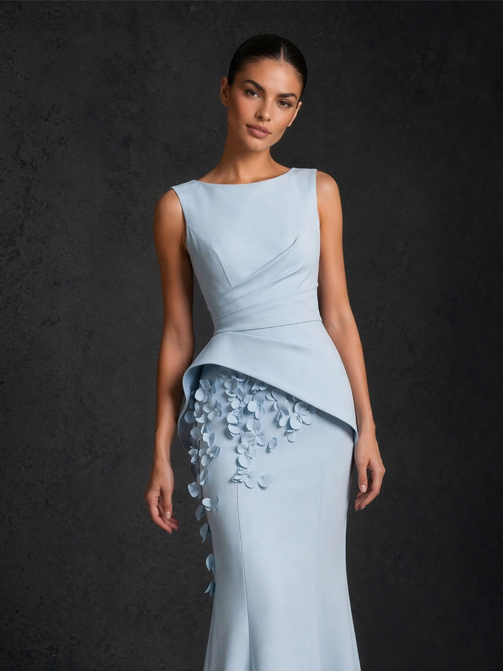 BOLODOO BD0421 ice blue sleeveless asymmetric peplum 3D petal appliqué mermaid gown – close-up of asymmetric peplum waist and cascading disc petal appliqué detail