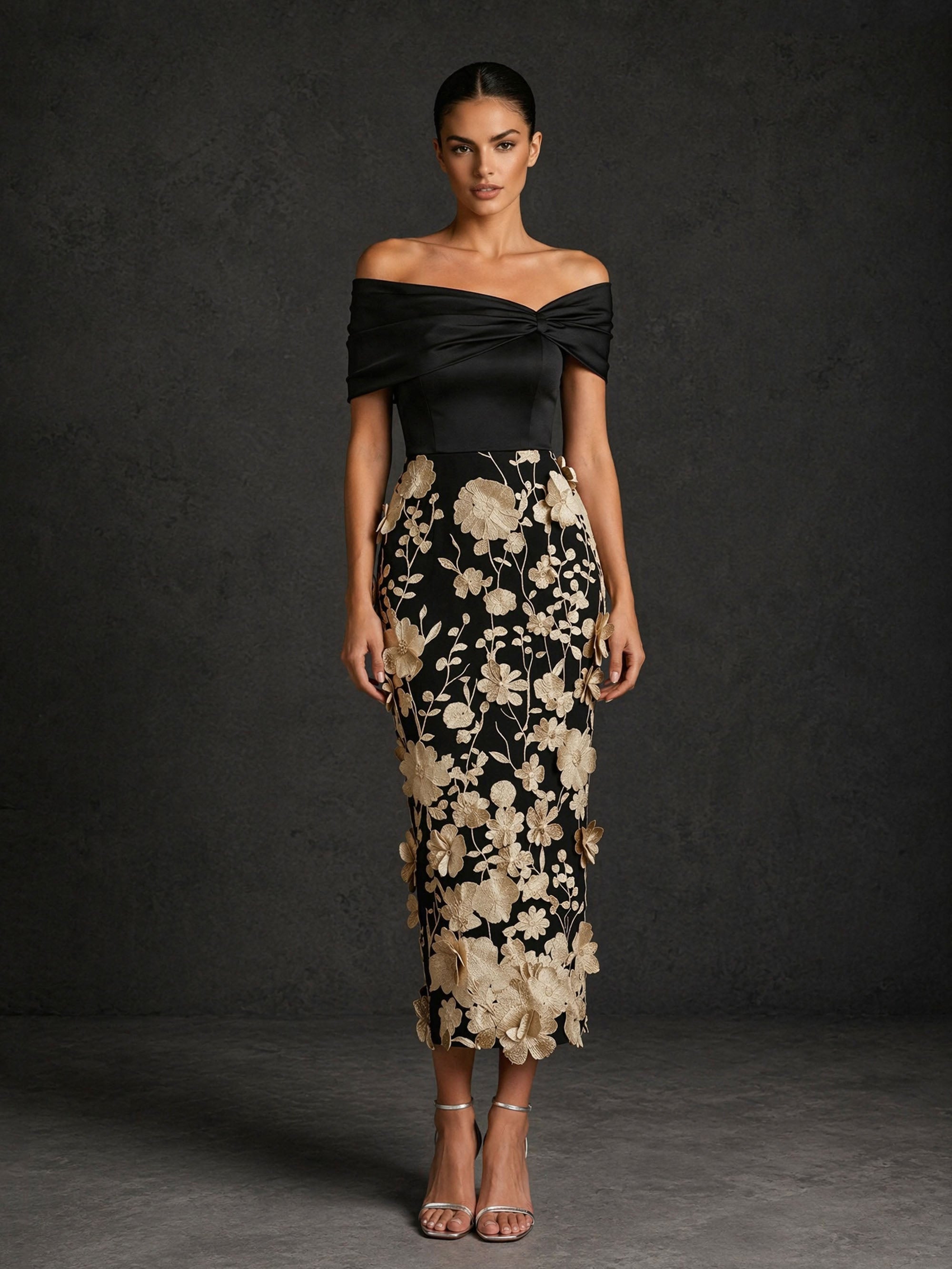 BOLODOO BD0422 black and champagne gold off-shoulder twisted V-neck 3D floral appliqué tea length dress – front full-length view showing fitted column silhouette and all-over champagne gold floral appliques