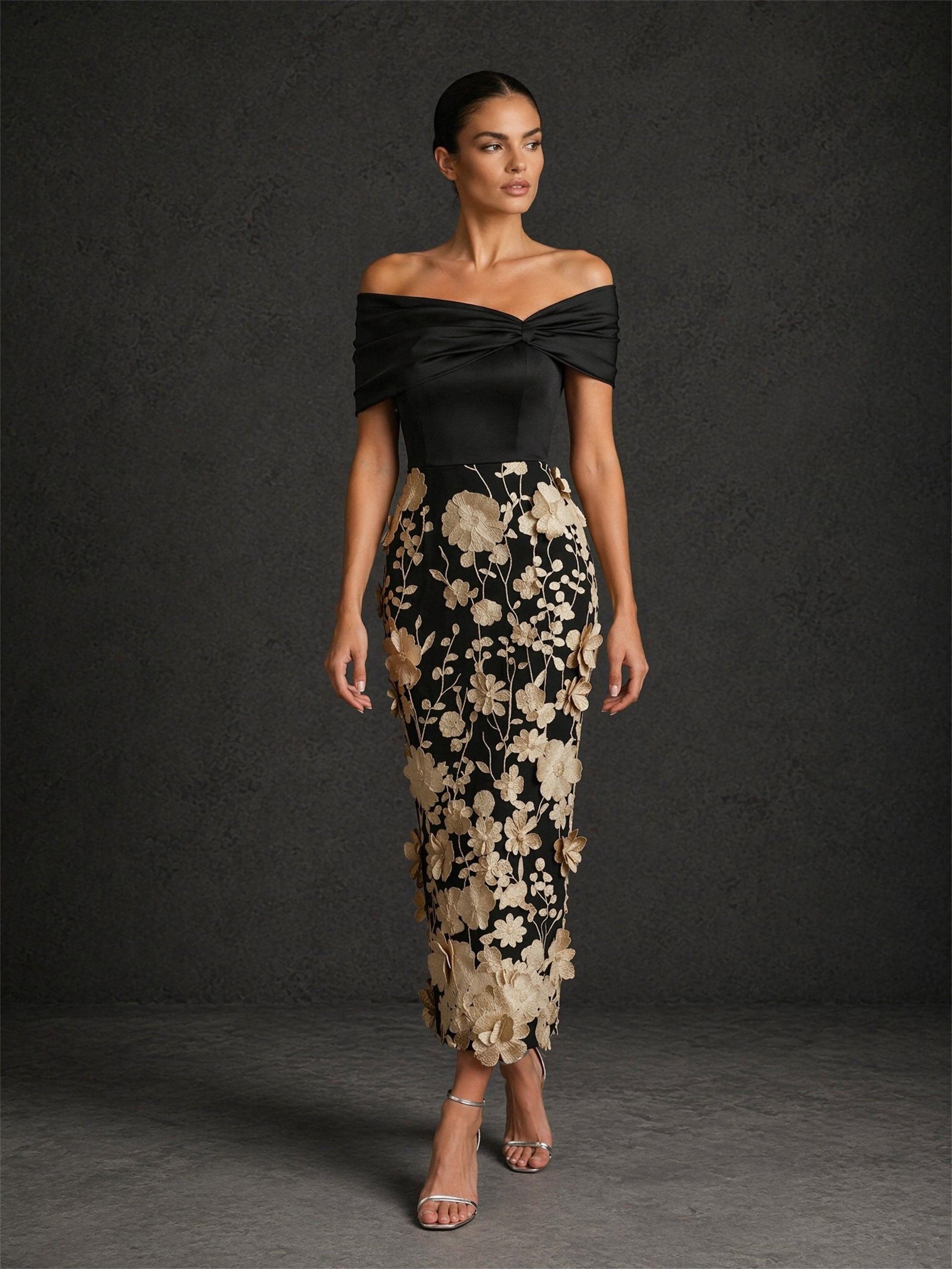 BOLODOO BD0422 black and champagne gold off-shoulder cap sleeve 3D floral appliqué midi dress – second front view highlighting twisted neckline and oversized champagne gold blooms on black mesh skirt
