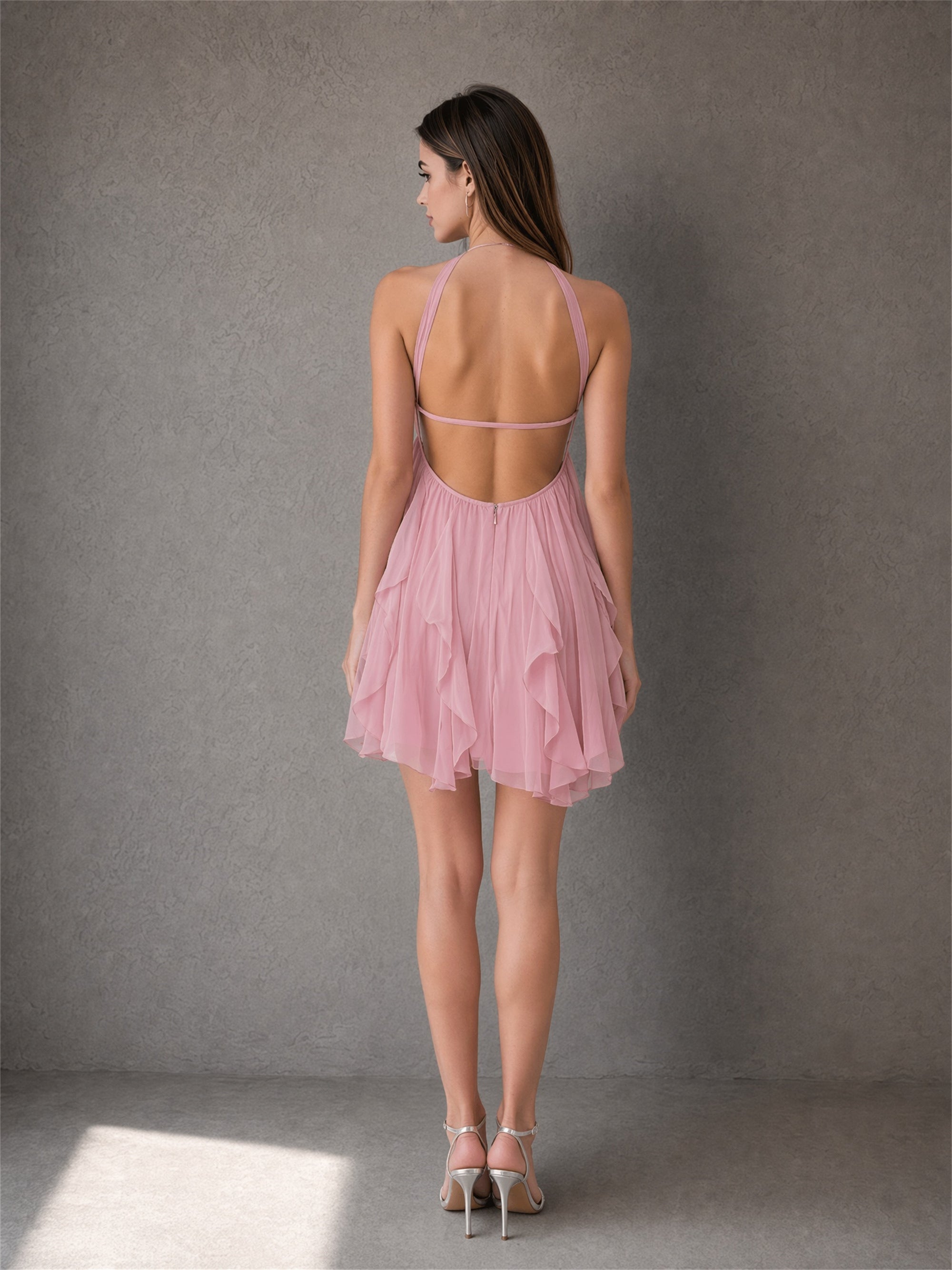 BOLODOO dusty pink halter open back mini dress full length front view with cascading chiffon ruffles