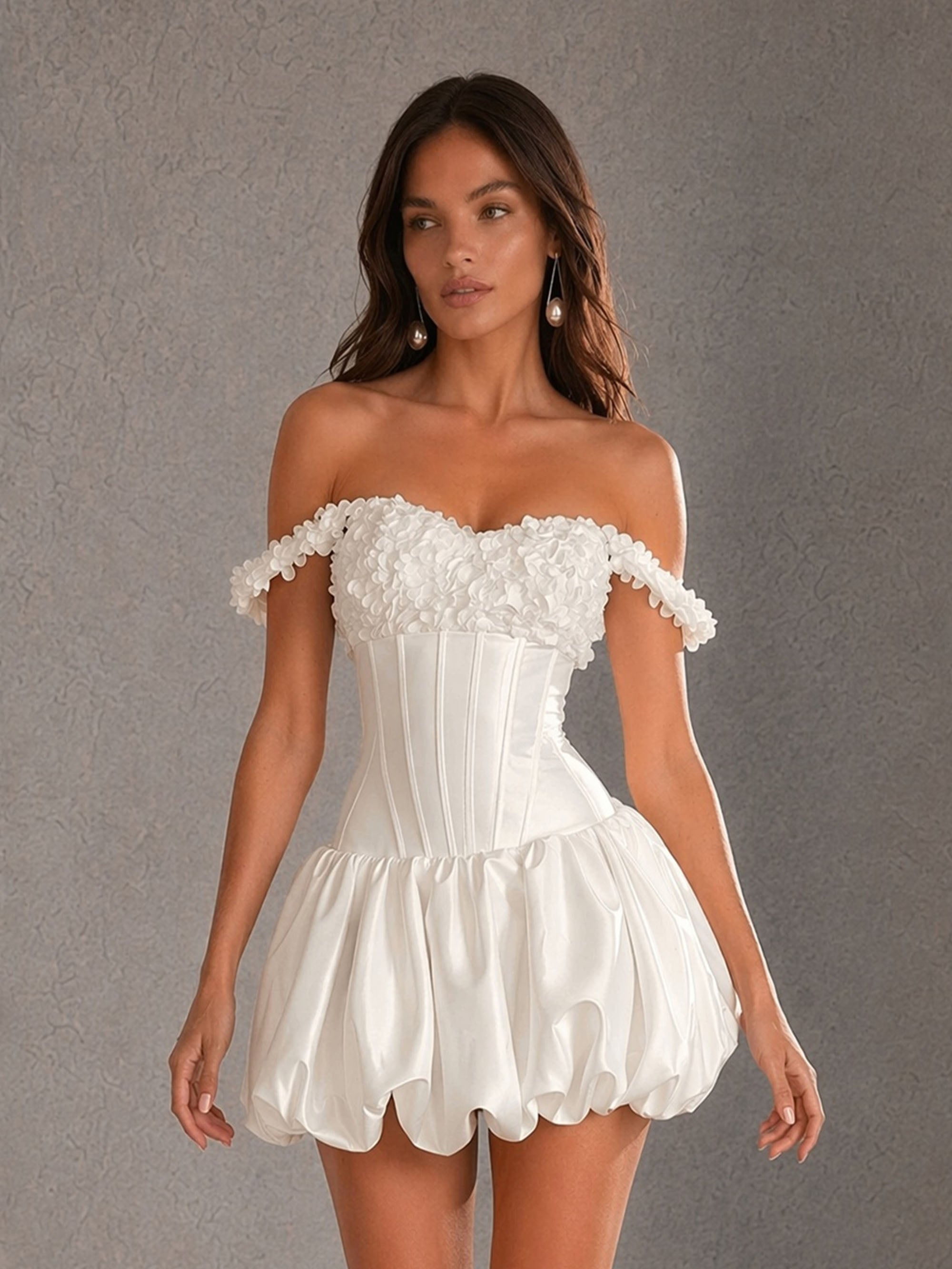BOLODOO white off-shoulder 3D floral corset bubble dress close-up front view showing bodice boning and floral trim