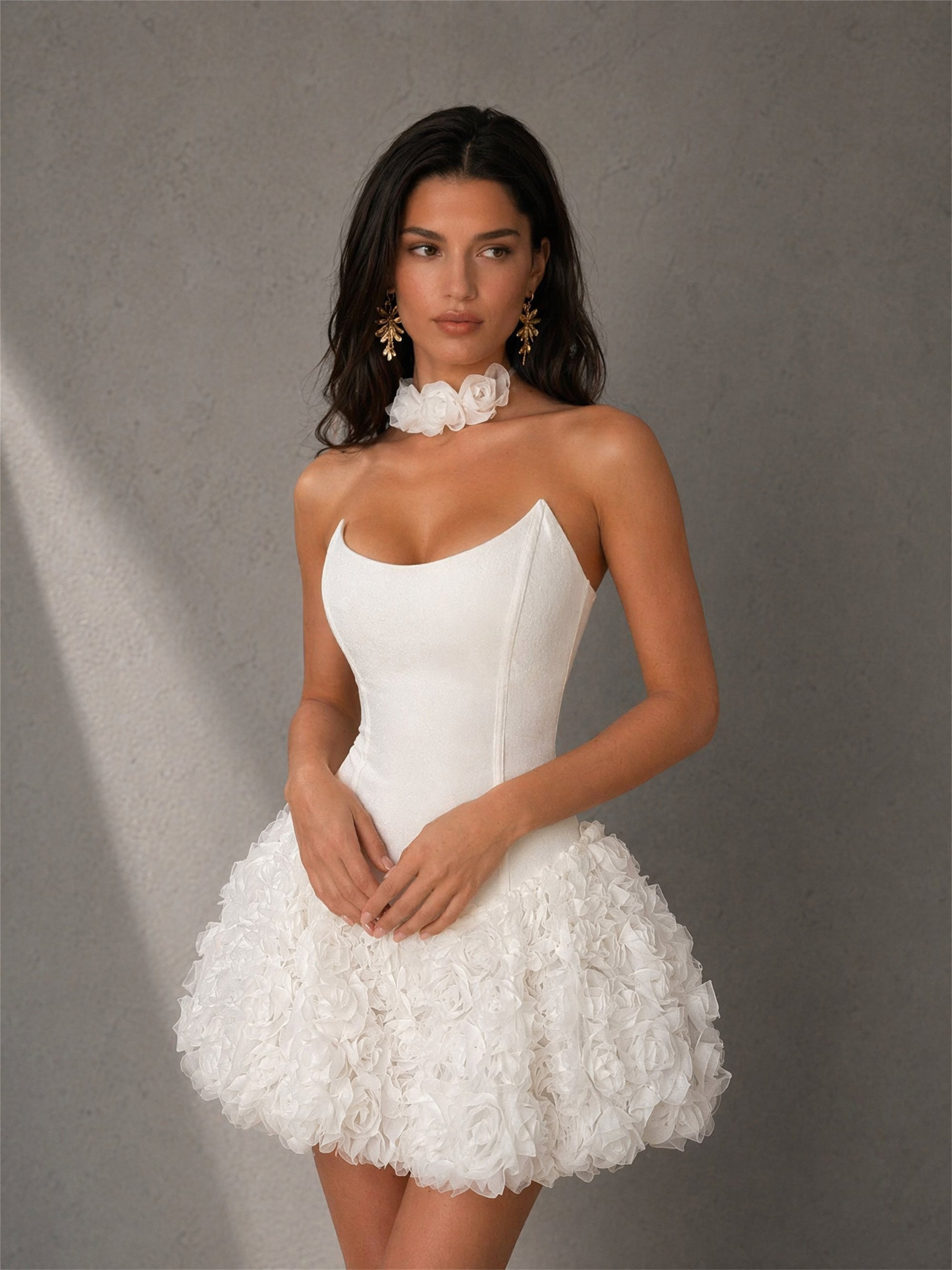 BOLODOO white strapless corset 3D rose bubble mini dress front half-body view showing neckline and skirt texture