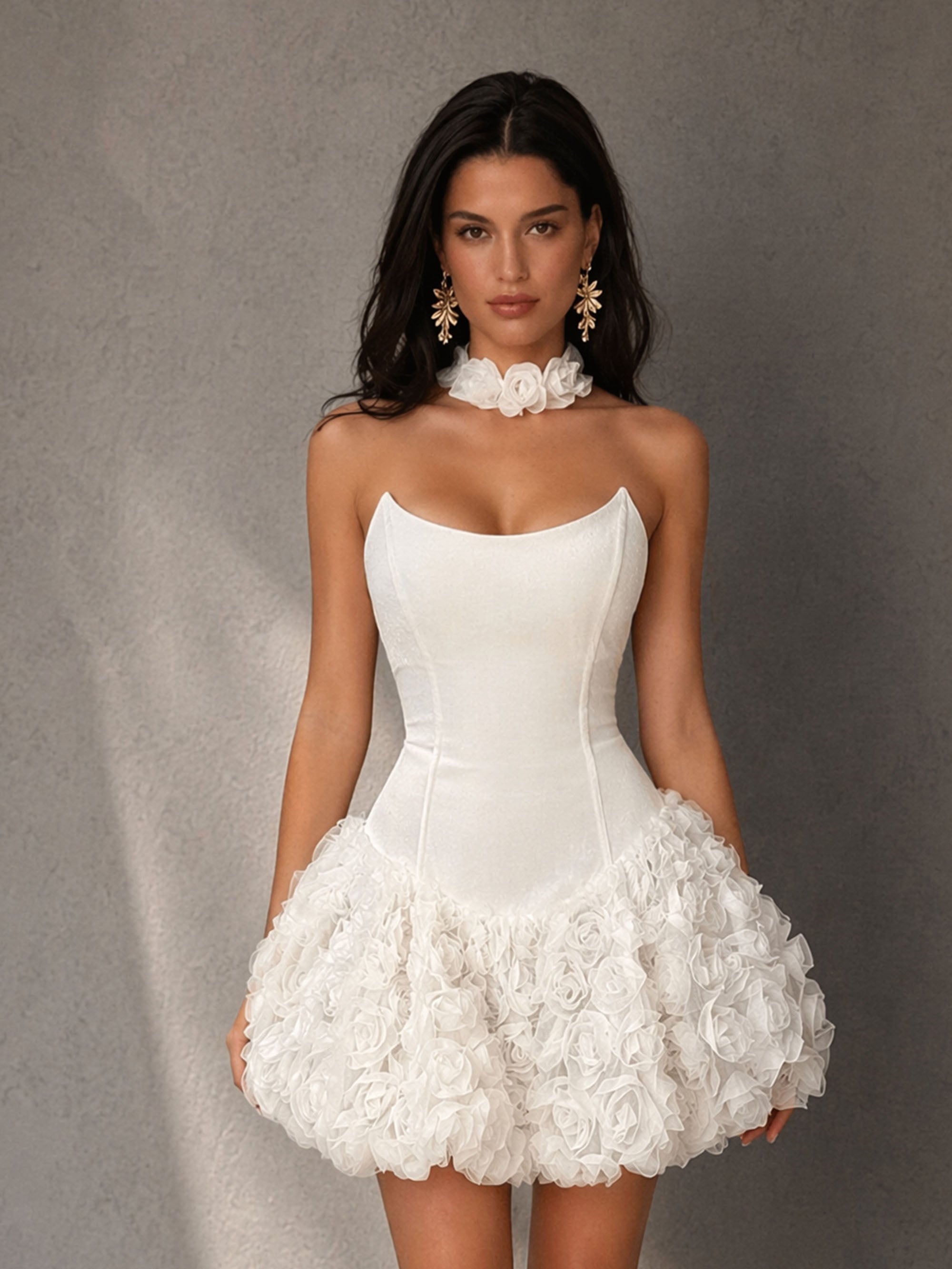 BOLODOO white strapless satin corset mini dress with 3D rose bubble skirt – front close-up view showing bodice detail
