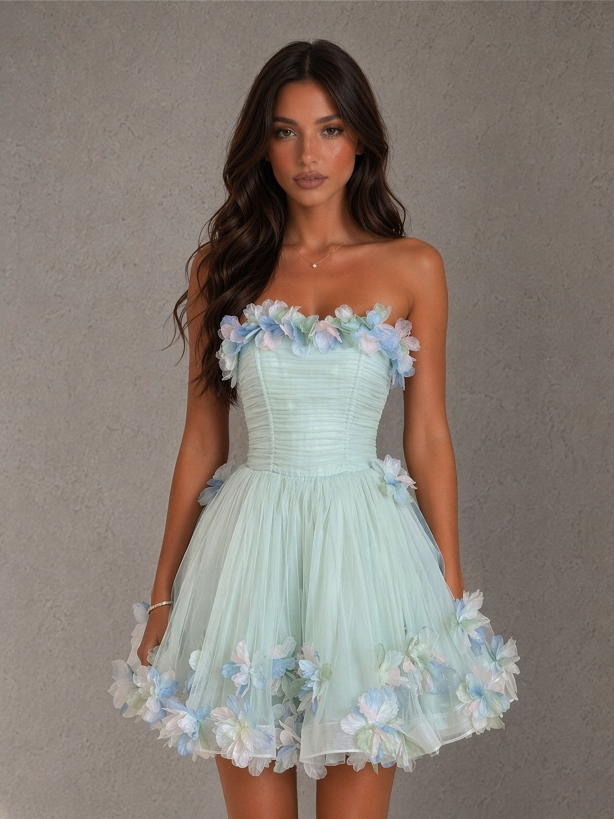 BOLODOO mint green strapless sweetheart corset mini dress with 3D blue white floral appliqué neckline trim – front close-up view