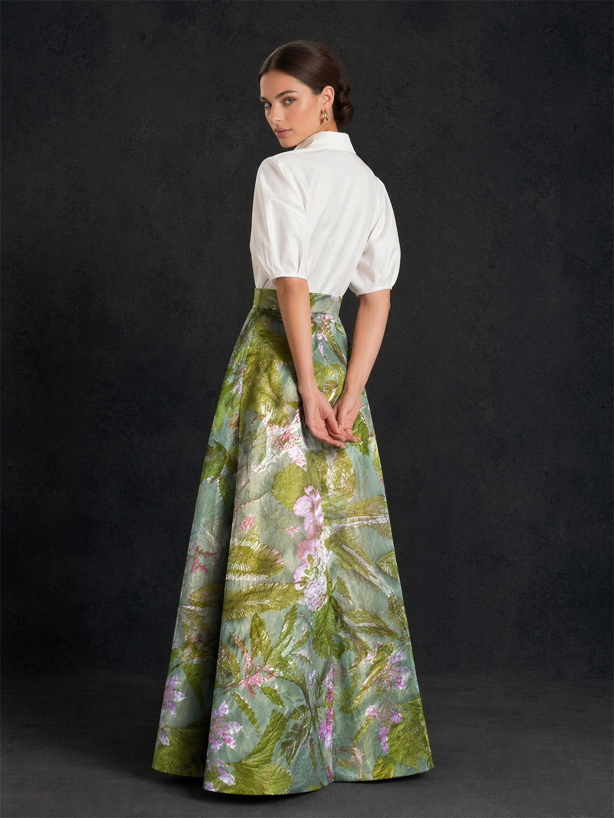 BOLODOO white puff sleeve shirt and green tropical floral jacquard wide-leg pants set – back three-quarter view showing floor length