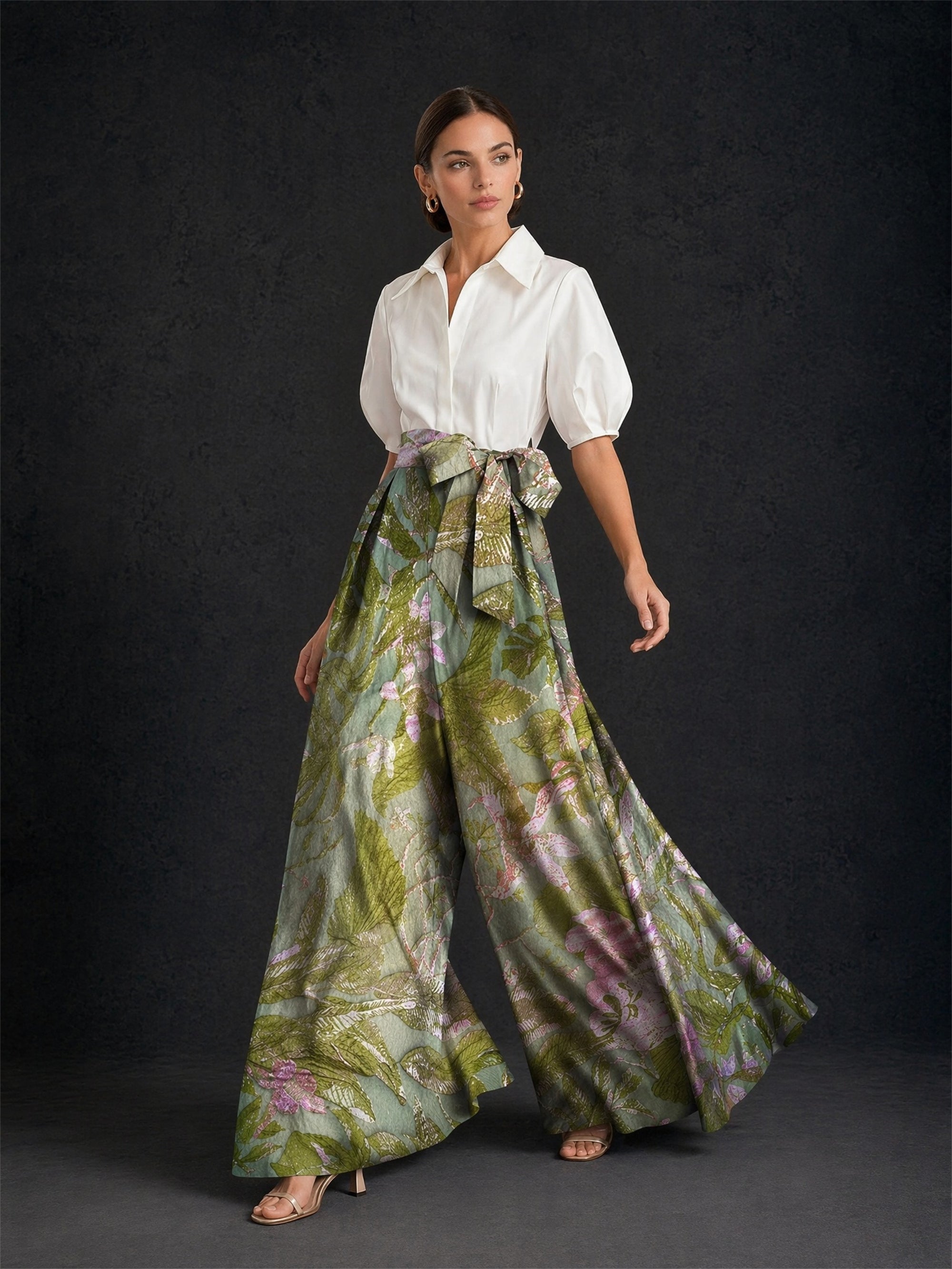 BOLODOO white puff sleeve shirt and sage green floral jacquard wide-leg pants two-piece set with bow belt – front dynamic walking view