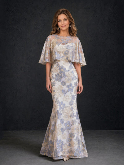 BOLODOO champagne dusty blue floral lace mermaid gown with sheer cape sleeve – back three-quarter view showing zipper closure
